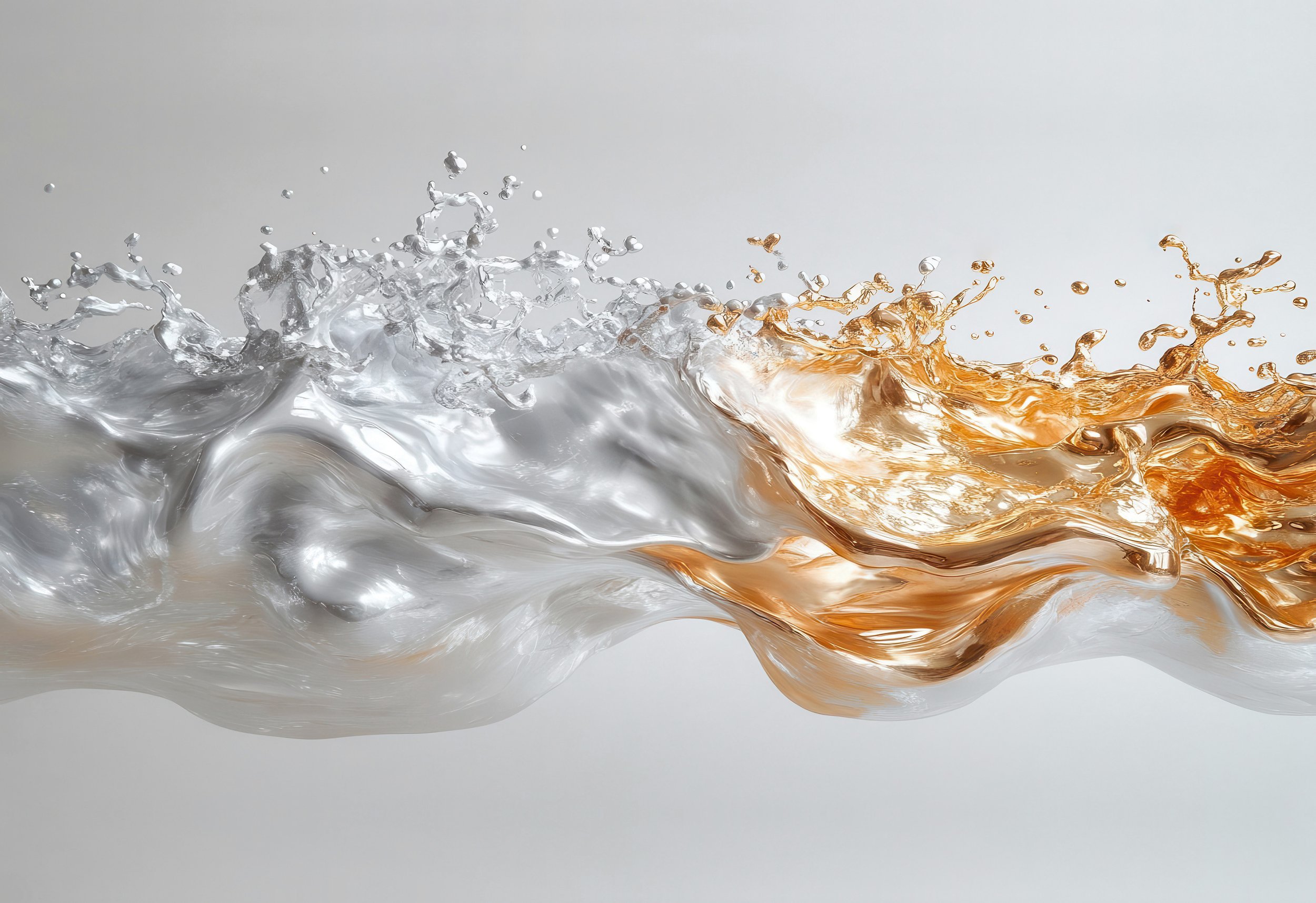 Acqua trasparente che si muove con schiuma e spruzzi in bianco e oro