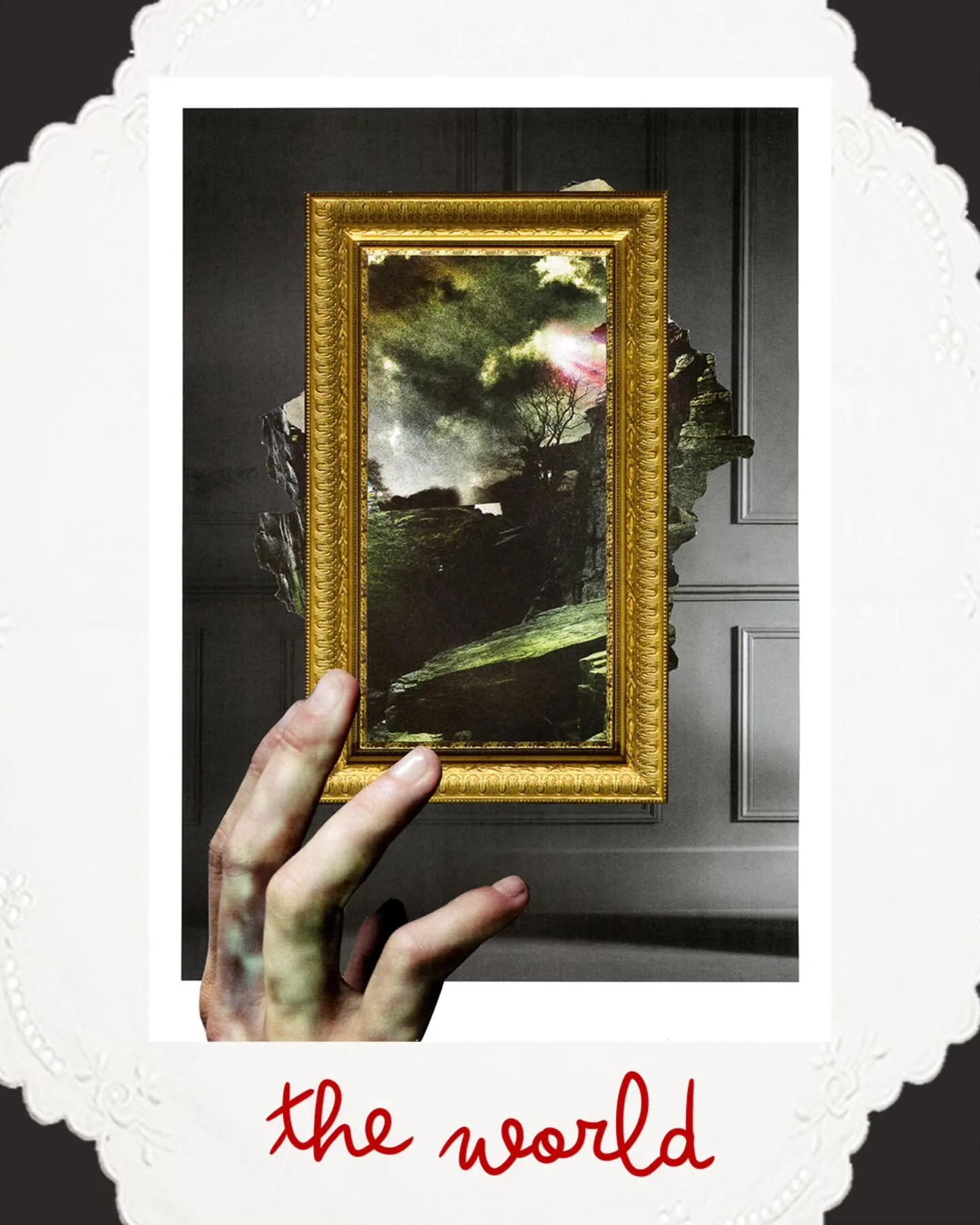 The World
Part of  The Oracle at the End of Time Series
Analog collage from original clippings, 2021

We like things tidy, defined, contained.
But the parts that matter most never really are.

This collage sits in that uncomfortable space between try