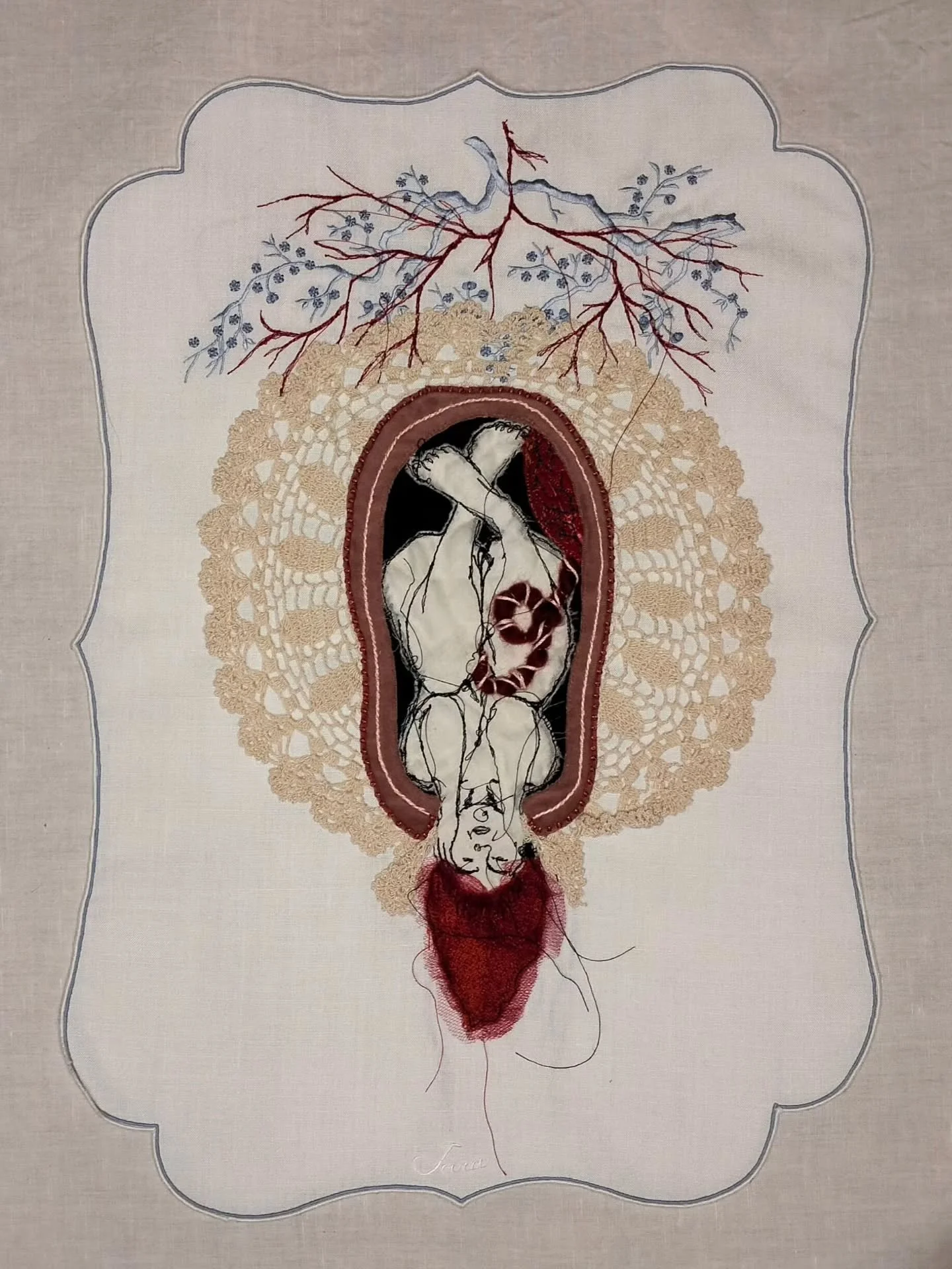 Second Coming,
Machine and hand embroidery on vintage doilies,
2026

What would it feel like to be born again with the knowledge your mind and your body hold?

I'm experimenting with new techniques and themes, lately. I'm growing fond of what embroid