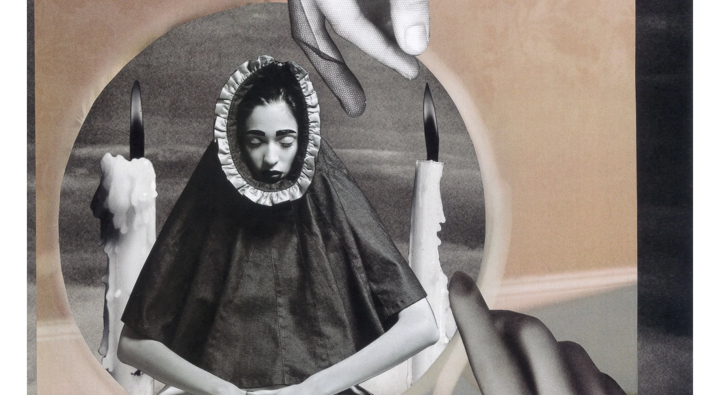 A black and white collage artwork featuring a woman with dark makeup and a hooded cloak, surrounded by melting candles with black knives at their tips, and hands holding a mirror showing her reflection in a surreal and gothic style.