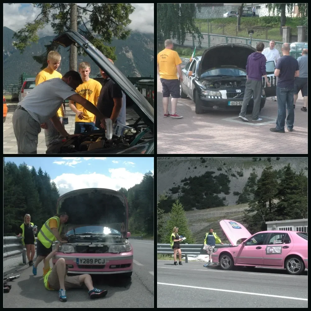 Collage of four photos showing different car breakdowns and repairs on the road with people inspecting or fixing vehicles.