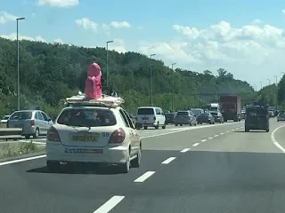 A white car with a pink flamingo on its roof driving on a highway with other vehicles, trees, and blue sky in the background.
