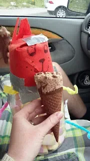 A hand holding an ice cream cone with a small toy pineapple, in front of a car's dashboard. Inside the car, there's a plush toy with red and gray coloring and a face drawn on it.