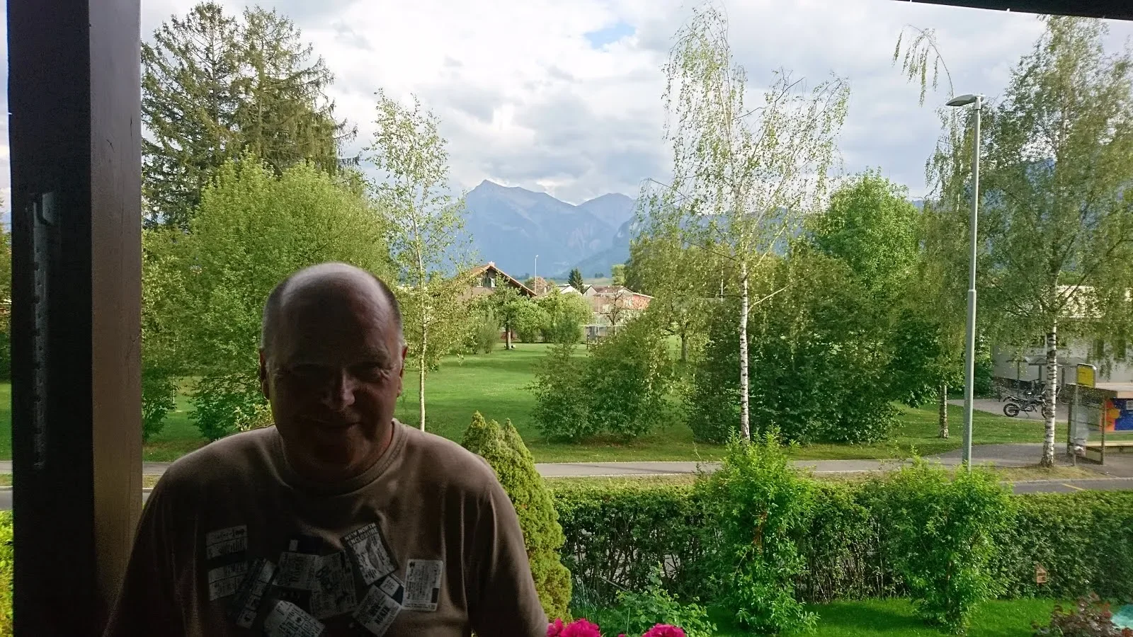 A person is sitting indoors near a large window with a scenic view of a green park, trees, a mountain range, and a cloudy sky in the background.