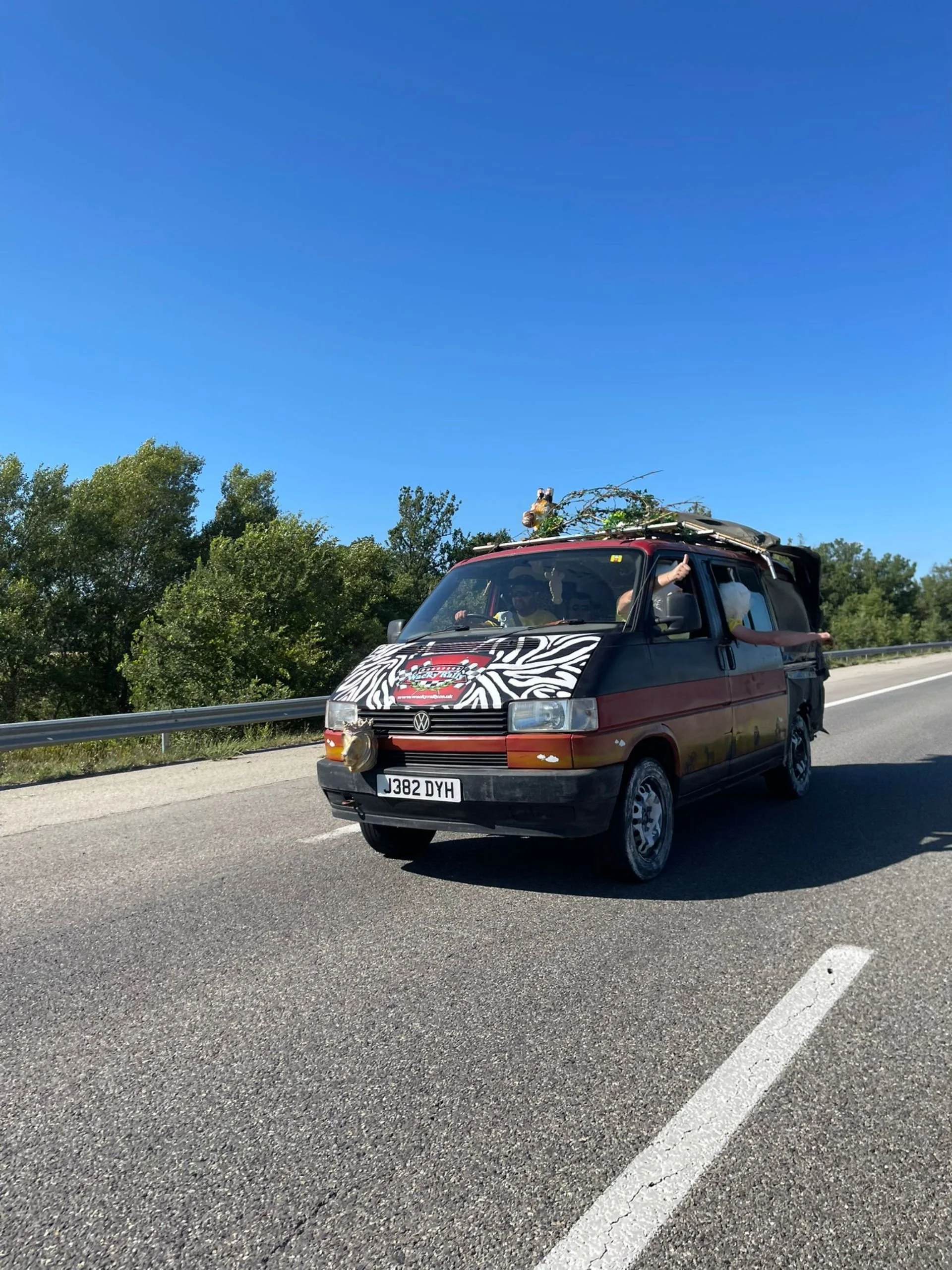 A small Volkswagen van painted with black, red, and zebra stripe patterns parked on the side of a highway, with a tree branch on the roof and a person outside giving a thumbs up.