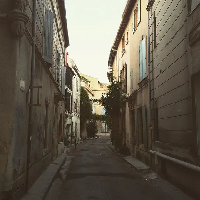 Narrow alleyway between aged buildings with closed windows and some greenery at the end.