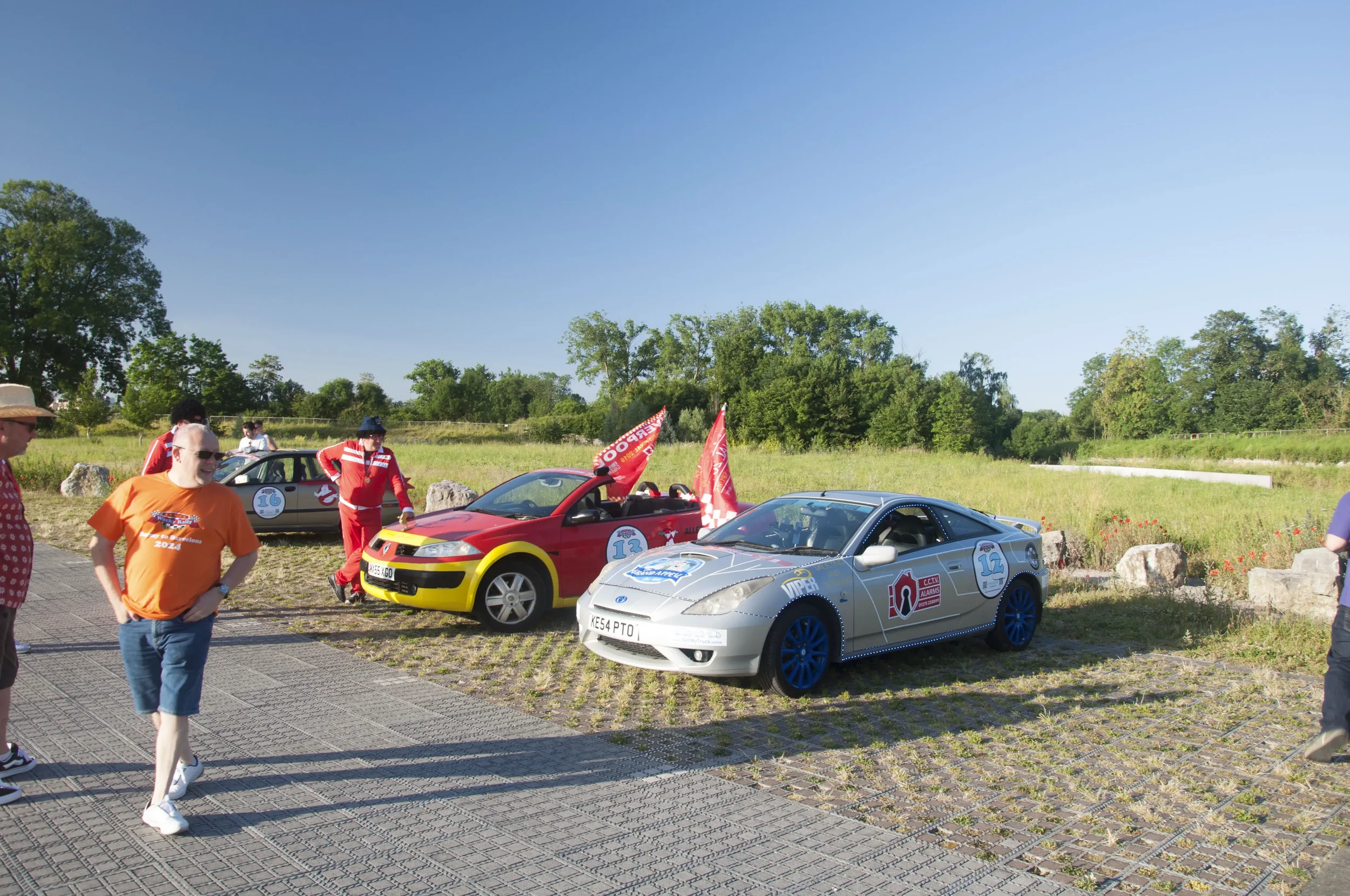People standing and walking near classic and modern cars parked on a grassy field during a sunny day with trees in the background.