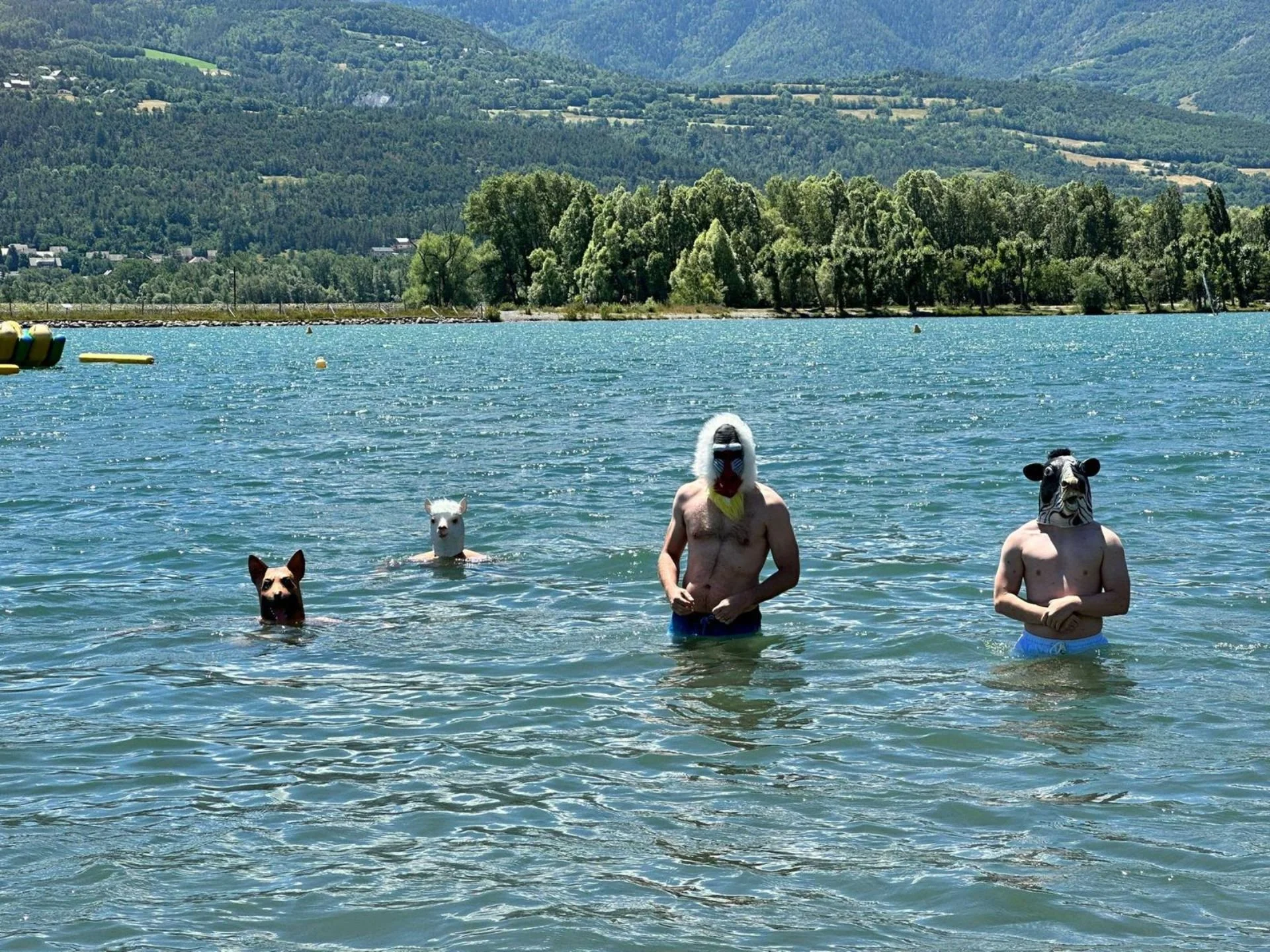 Four people wearing animal masks standing and swimming in a lake with mountains and trees in the background.