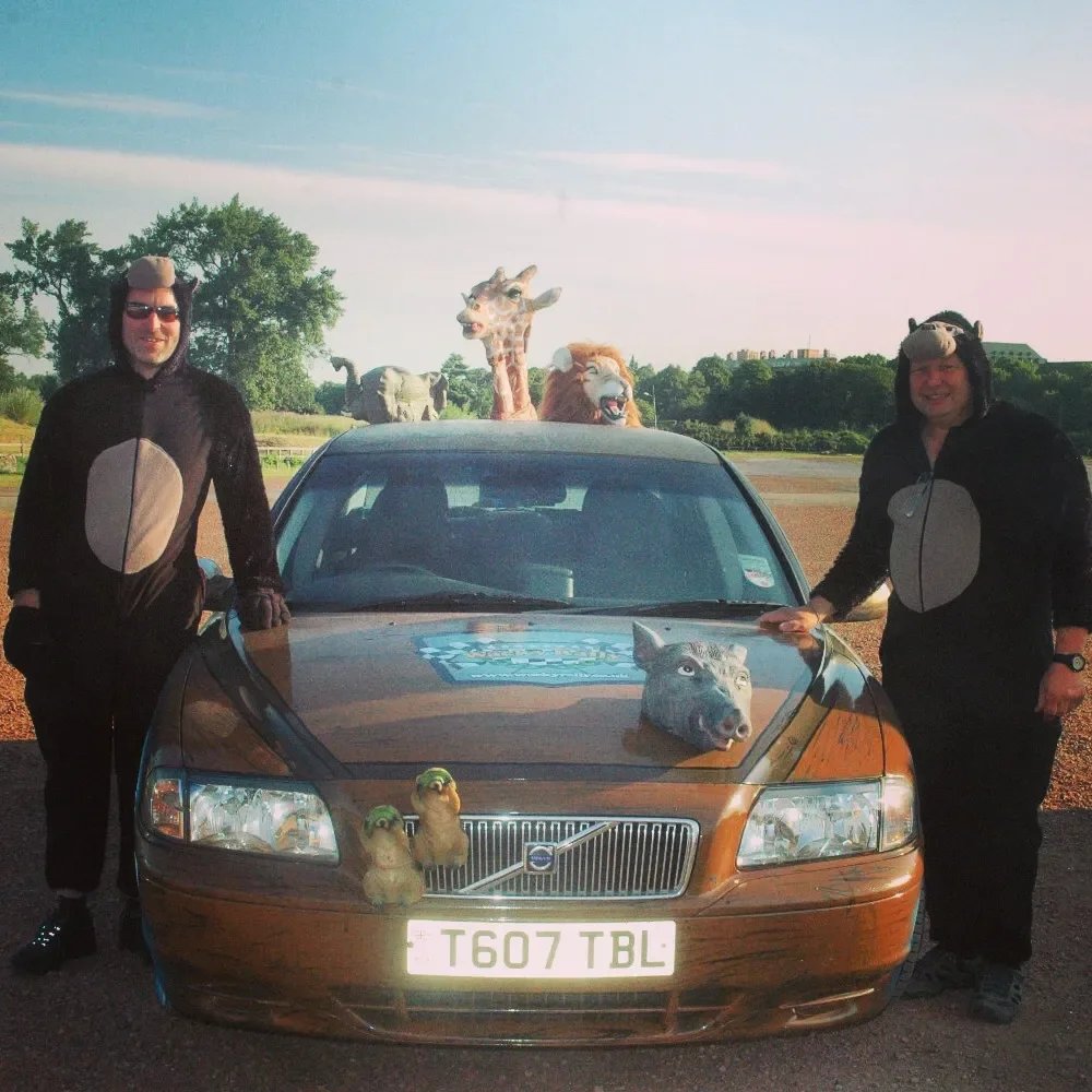 Two people dressed in animal onesies stand next to a parked car with animal costumes and plush toys attached, including a lion, a giraffe, a wolf, and two bears with glasses, outdoors on a clear day.