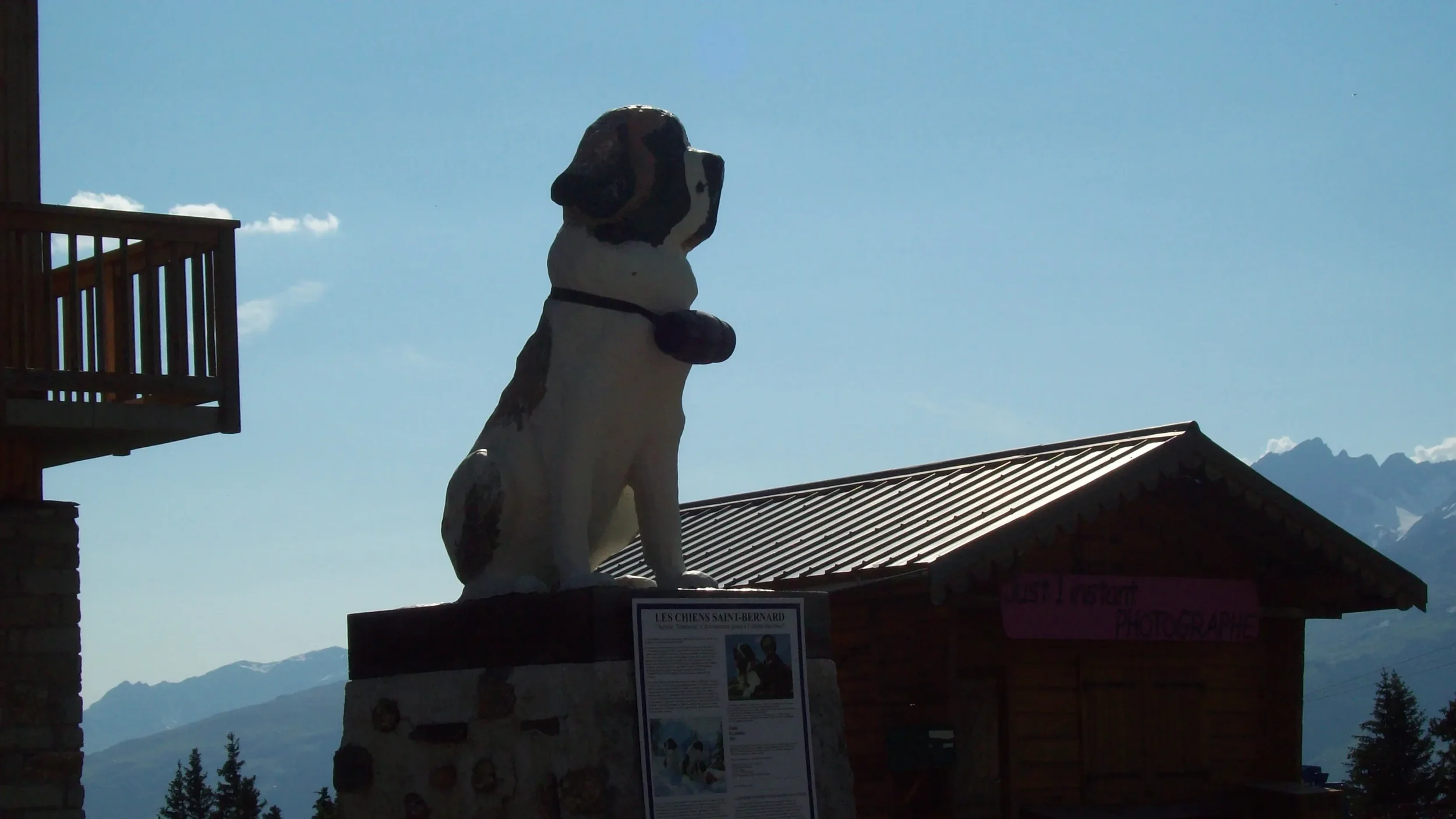 Statue of a Saint Bernard dog on a stone pedestal, with a mountain landscape in the background.