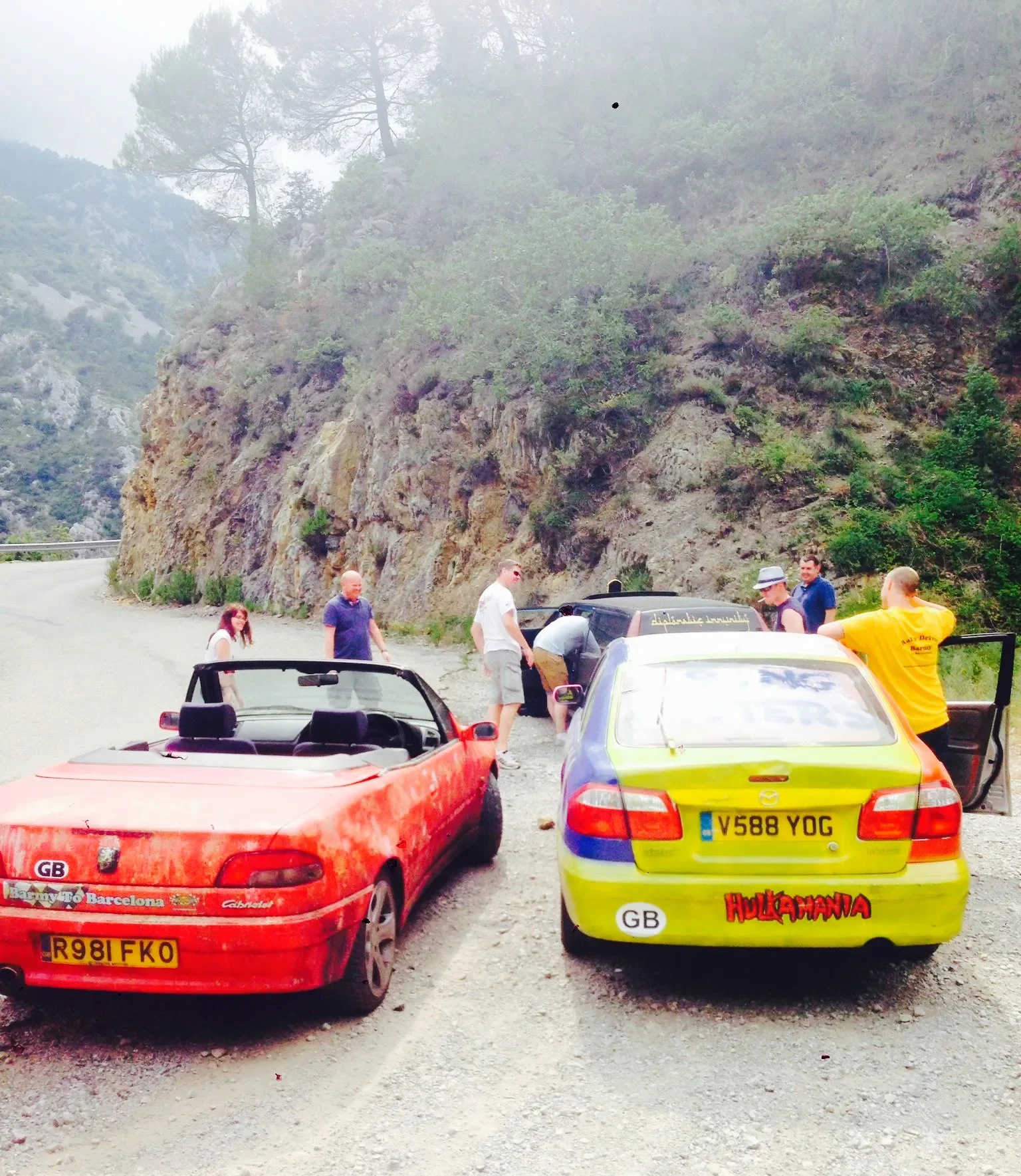 A group of people standing near two colorful cars on a mountain road with rocky cliffs and trees in the background.