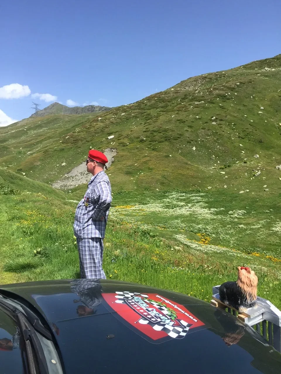 A man wearing plaid pajamas, a red beret, and sunglasses stands in a grassy mountain landscape with green hills and a clear blue sky. A small dog, possibly a Pekingese, sits on a platform attached to a black car with a racing logo.