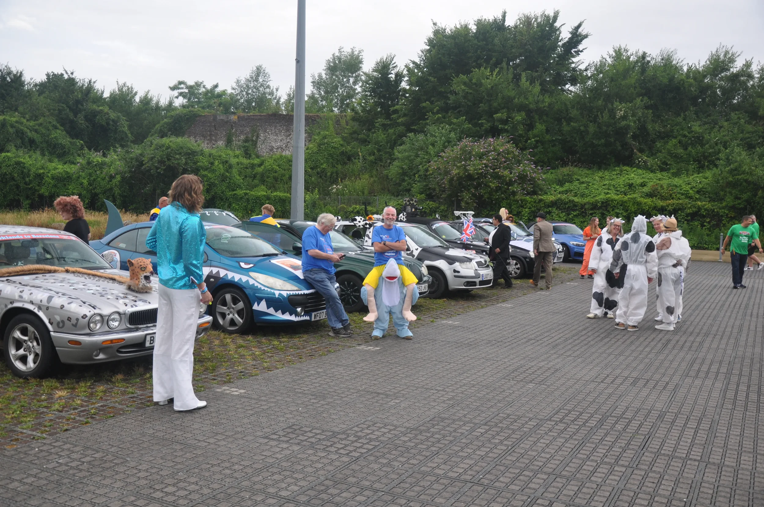 People dressed in costumes, including animals and themed outfits, standing and talking beside a row of decorated cars in a parking lot with green trees in the background.