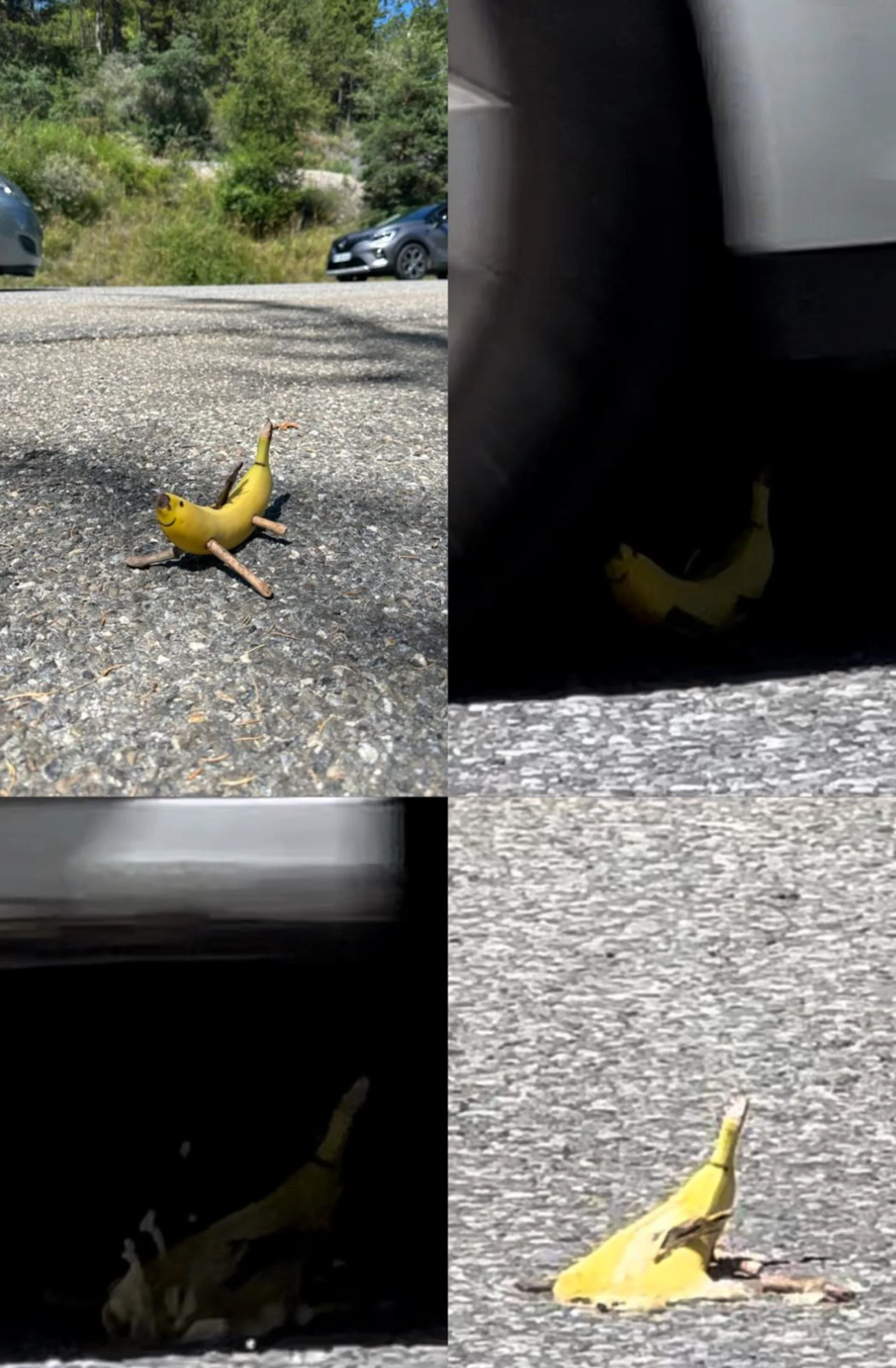 A collage of four photos showing a banana with a face, arms, and legs, made from objects, in various outdoor and indoor settings.