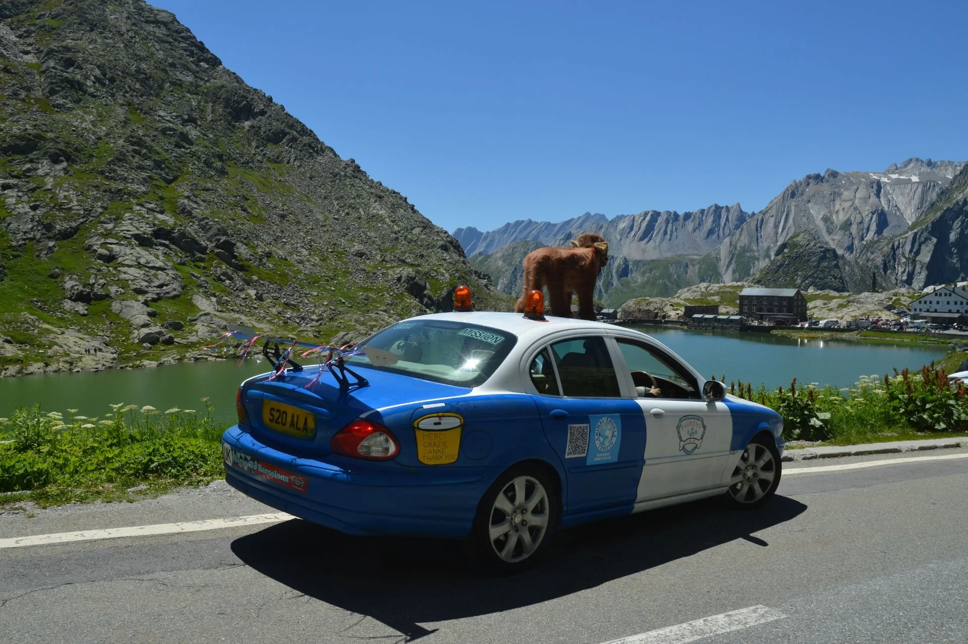 A blue police car parked on the roadside next to a lake in a mountainous area, with a brown bear standing on the roof of the car. The landscape includes rocky mountains, green hills, and a clear blue sky.