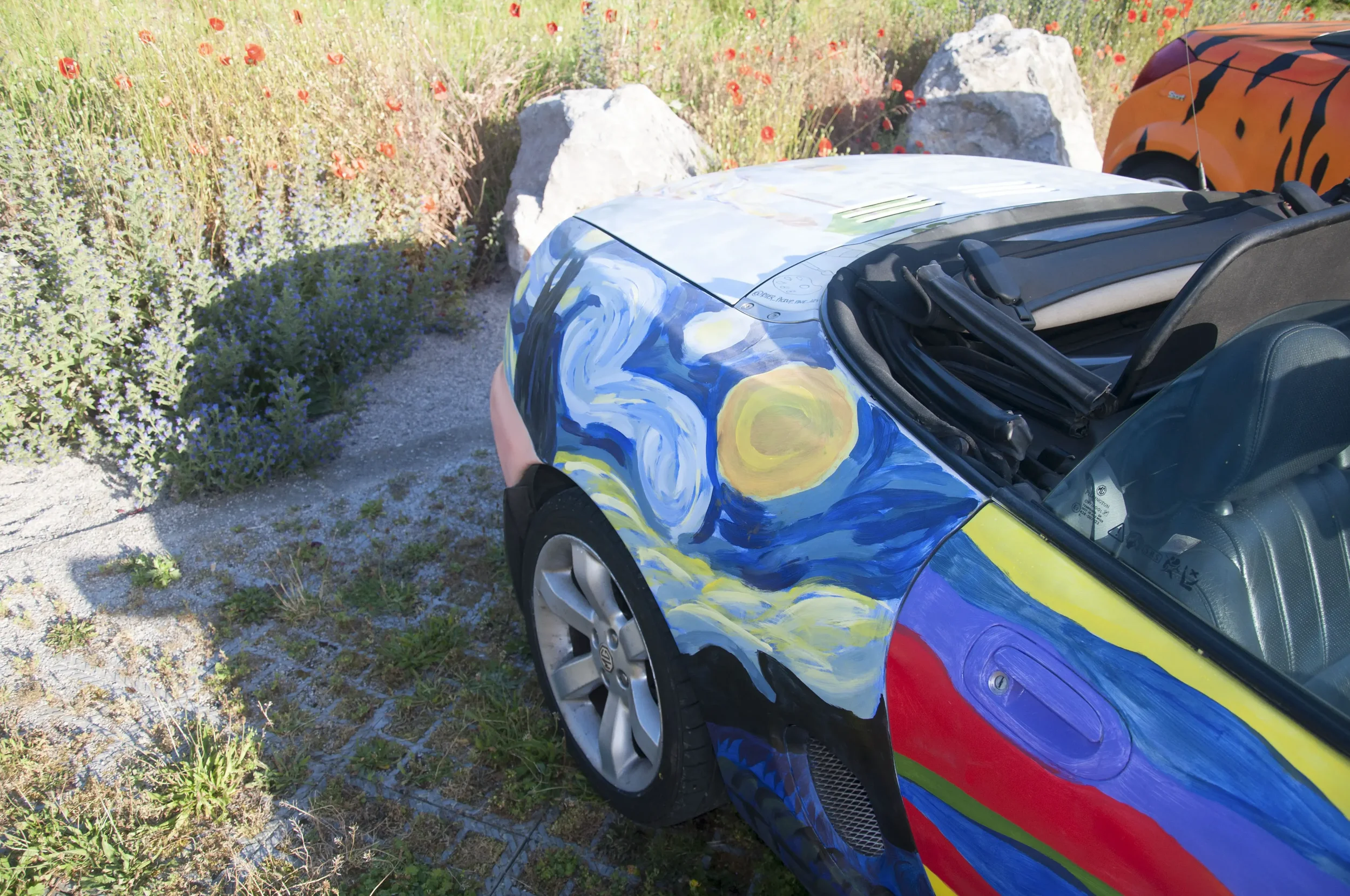 A small convertible car with a paint design inspired by Vincent van Gogh's Starry Night, parked on a patch of grass and gravel beside a garden with purple and red flowers.