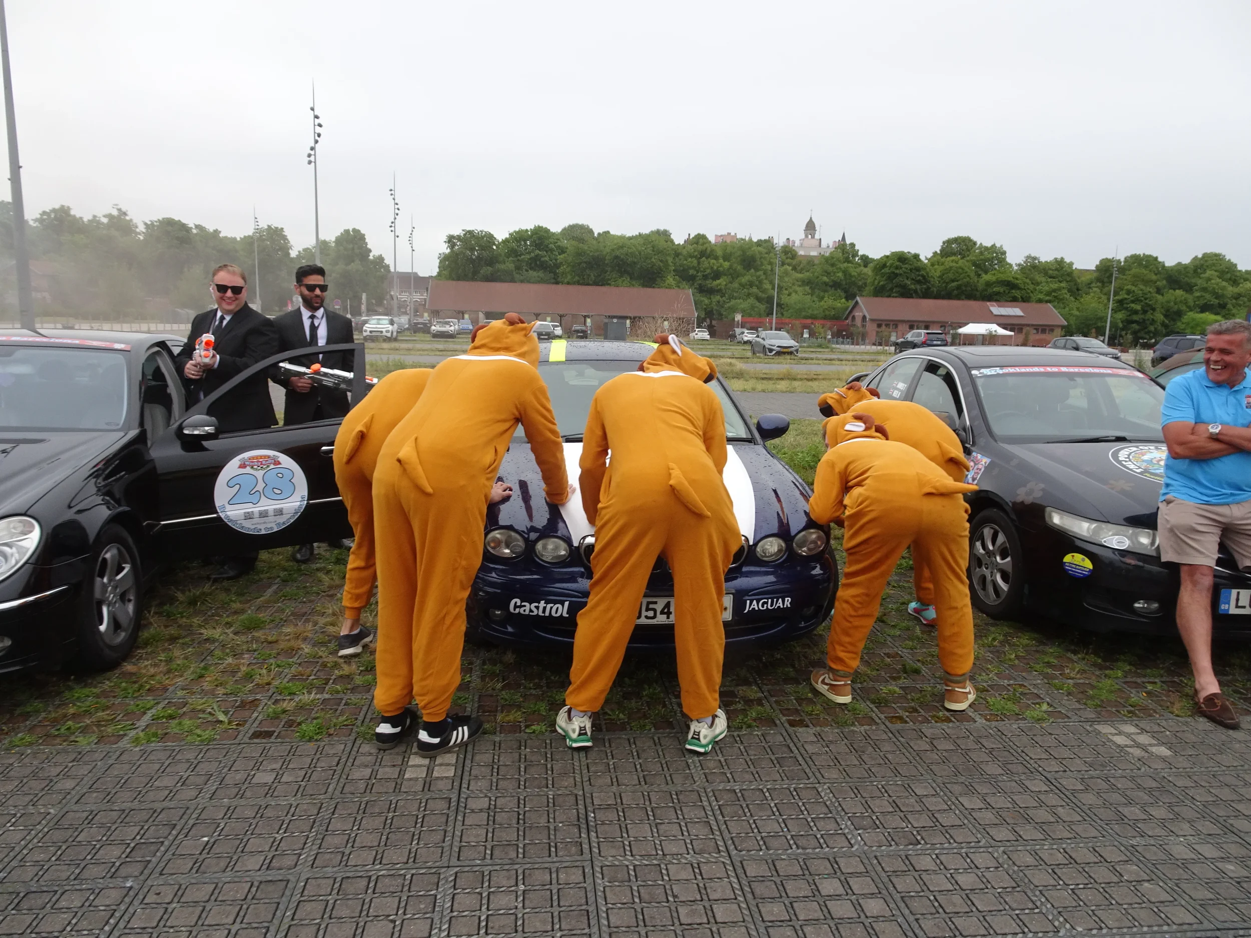 People dressed as bears inspecting a sports car in a parking lot with classic cars around.