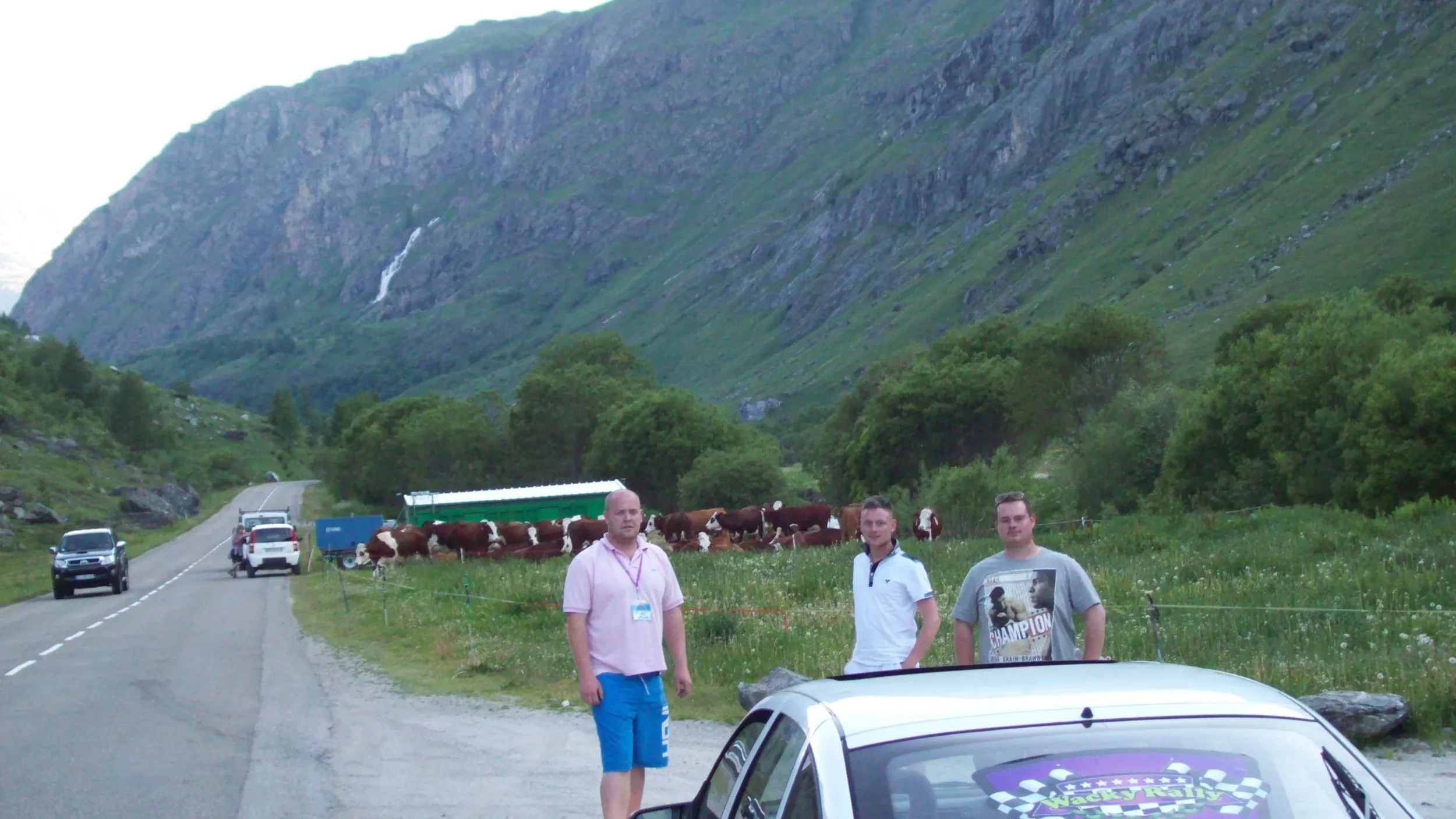 Three young men standing next to a silver car on a rural mountain road, with cows and a green pasture behind them, surrounded by tall green mountains.