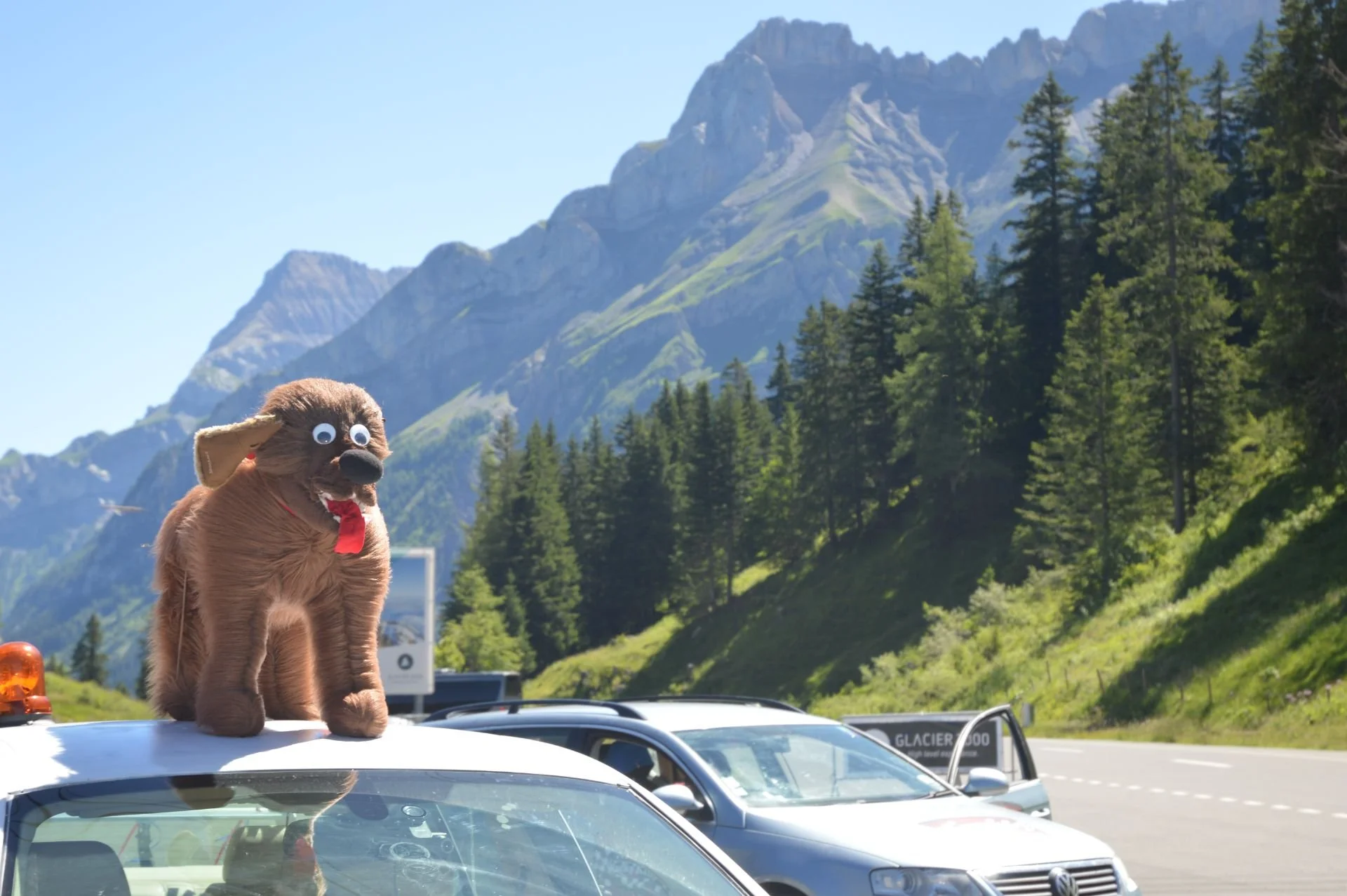A stuffed dog toy with googly eyes and a red tongue sitting on top of a police car in a mountainous area with green trees and a clear blue sky.