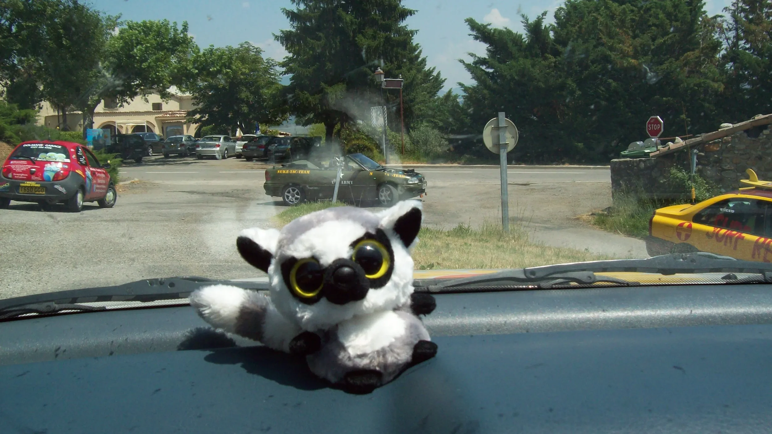 Furry plush toy resembling a lemur with large yellow eyes sitting on a car dashboard, with traffic and parked cars in the background at an intersection.