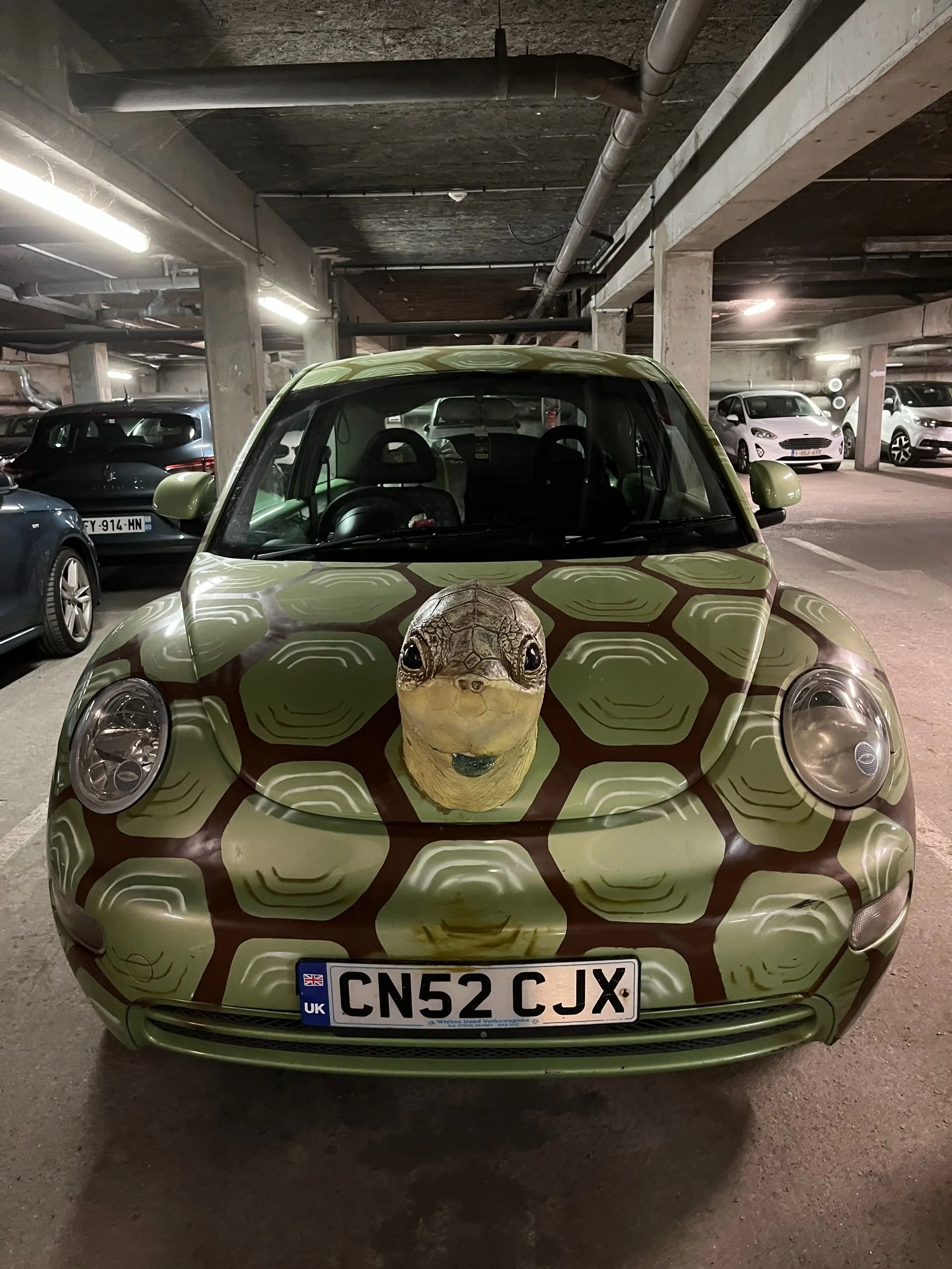 A small green car with a turtle shell pattern on the body and a turtle face decal on the hood, parked in an underground parking garage.