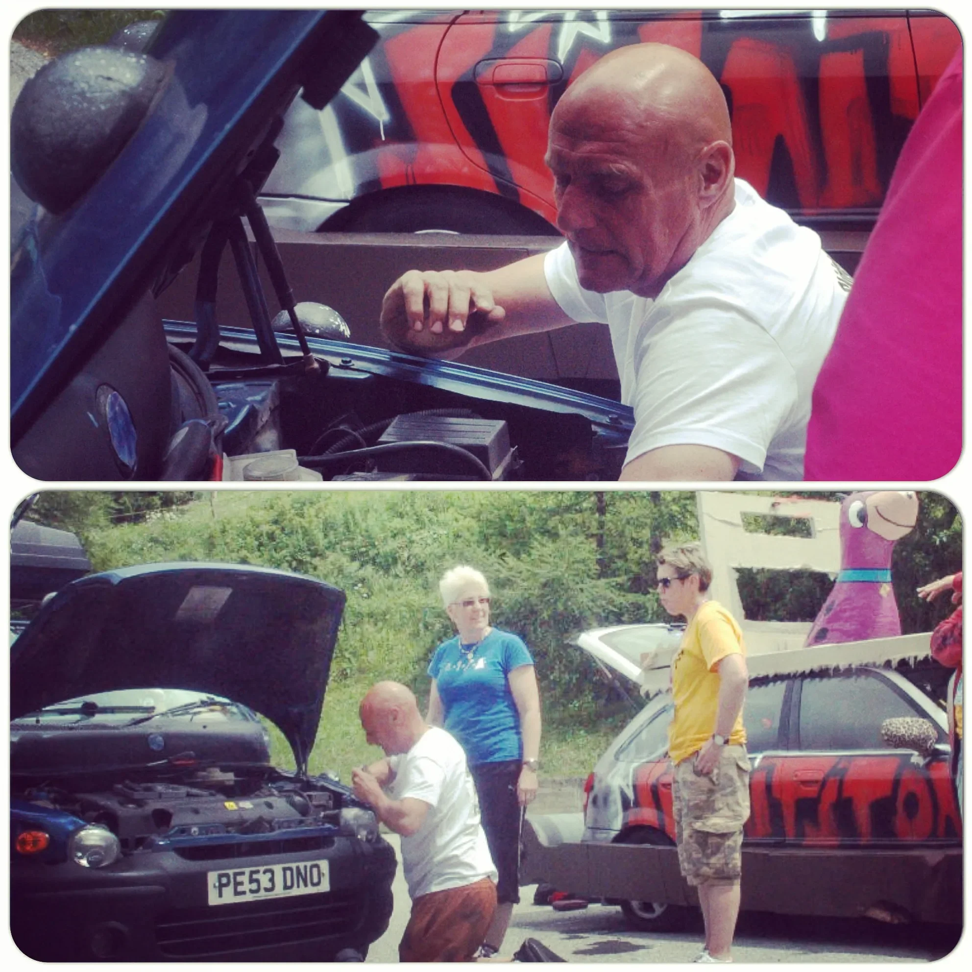 People working on cars outdoors with one car hood open and others nearby, alongside a person with a pink dinosaur ride-on toy.