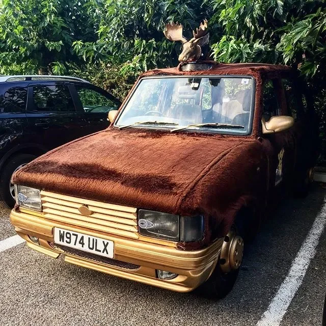 A car covered entirely in a plush, brown, velvety fabric with a stuffed moose sitting on the roof.