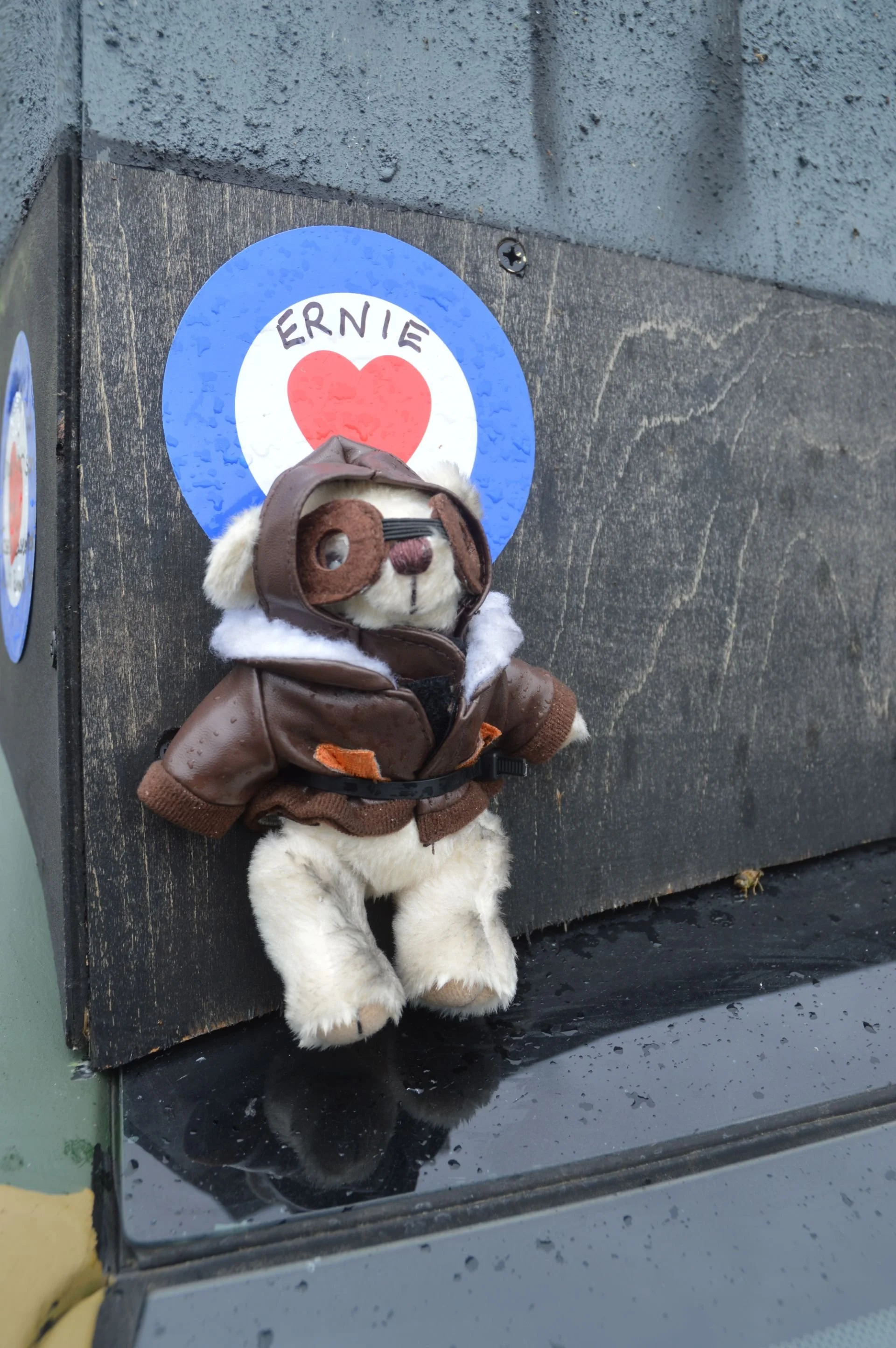 A plush toy of a dog dressed in a brown jacket and goggles, leaning against a black surface with a weathered wood appearance. Behind it is a round target sticker with a red heart in the center, white and blue rings, and the name 'Ernie' written on it