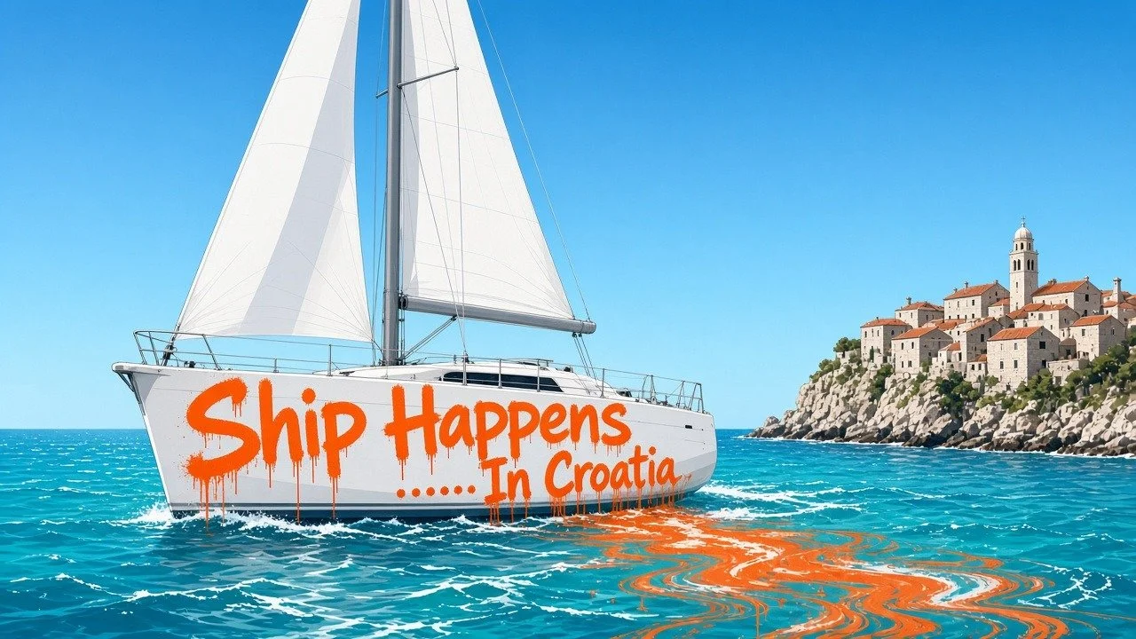 A sailing yacht with orange graffiti on the hull reading Ship Happens In Croatia, off a clifftop old town