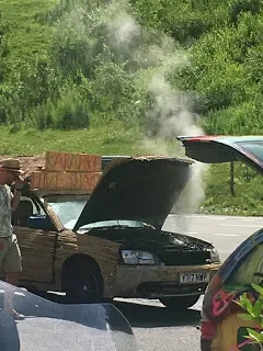 A car with its hood open and smoke coming out, on the side of the road with greenery in the background. A person is standing beside the car.