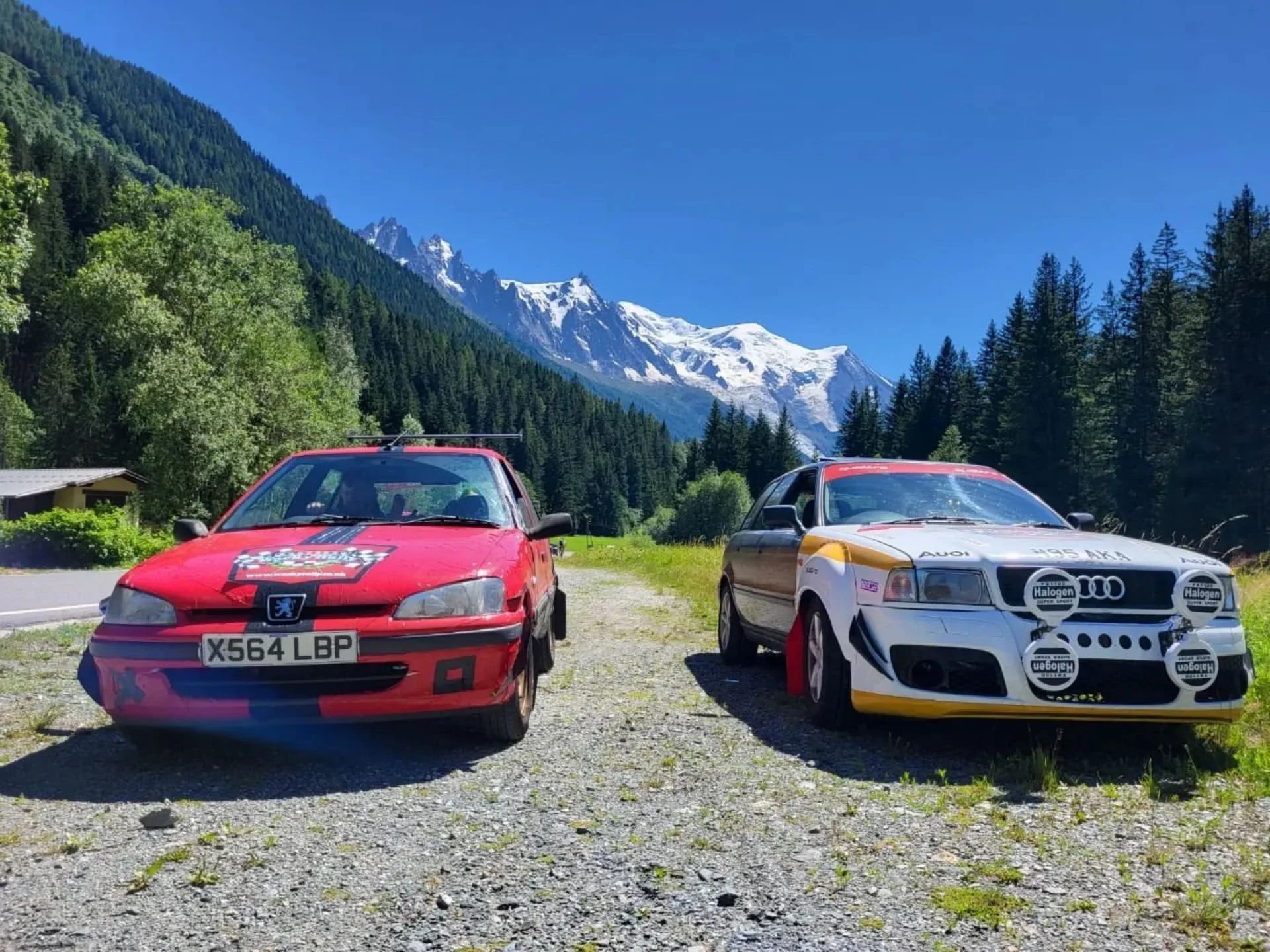 Two rally cars parked on a gravel area with a scenic mountain landscape, featuring snow-capped peaks, lush green trees, and a clear blue sky.