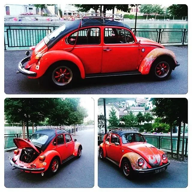 A red vintage Volkswagen Beetle with a black roof rack, parked by a waterfront with trees and buildings in the background. The trunk is open in one view, revealing the interior.