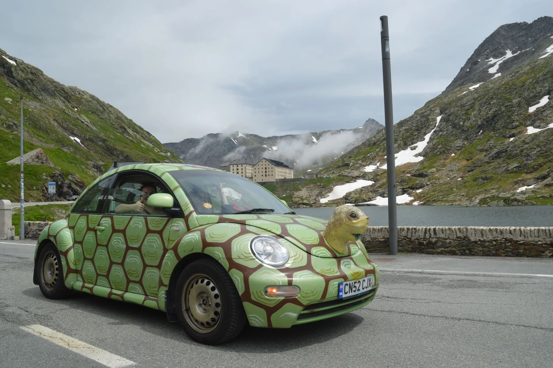Car painted with turtle shell pattern, including a 3D turtle head figure on the front, driving on a mountain road beside a lake with snow-capped mountains in the background.