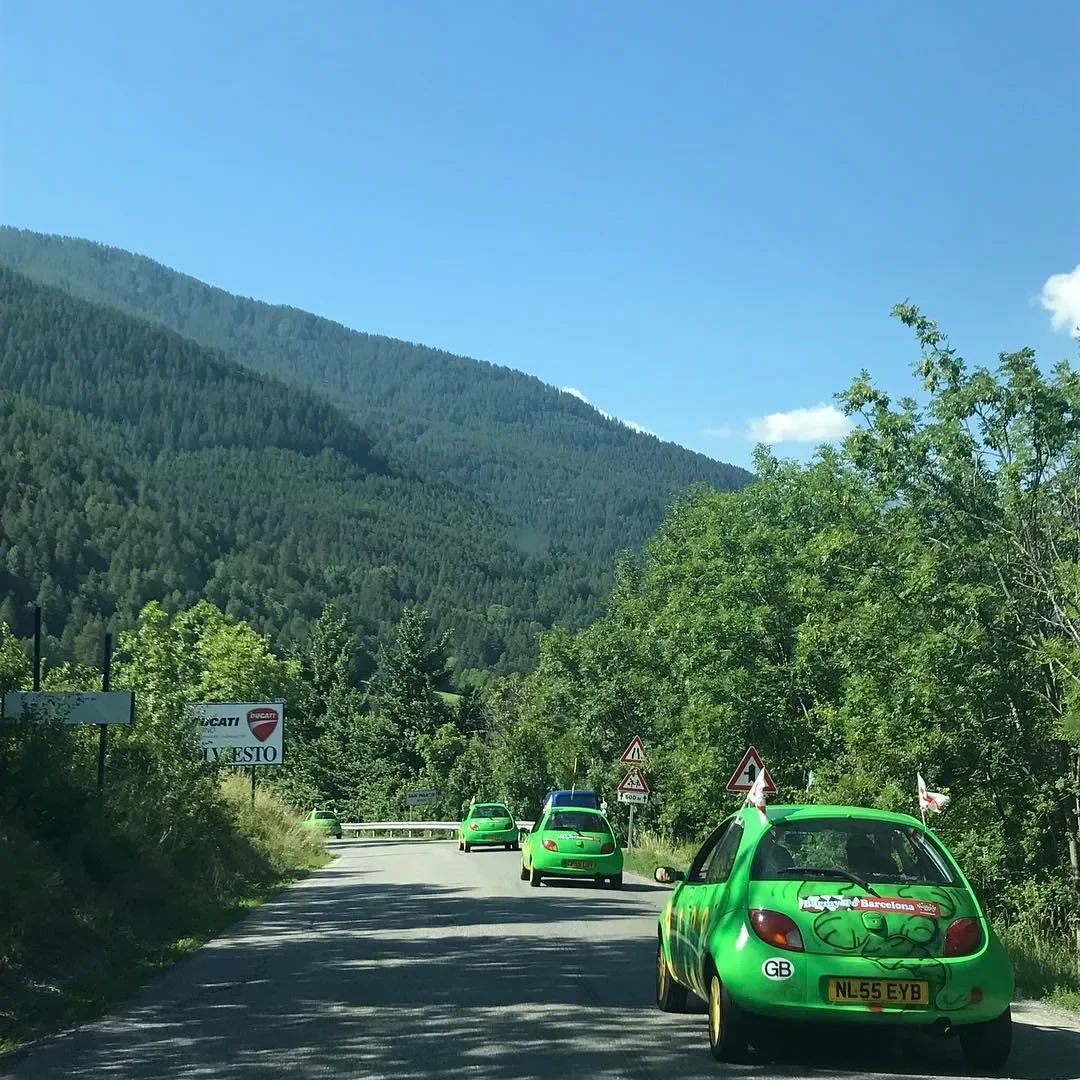 A scenic mountain road lined with green trees and several green cars with flags, parked along the road on a sunny day.