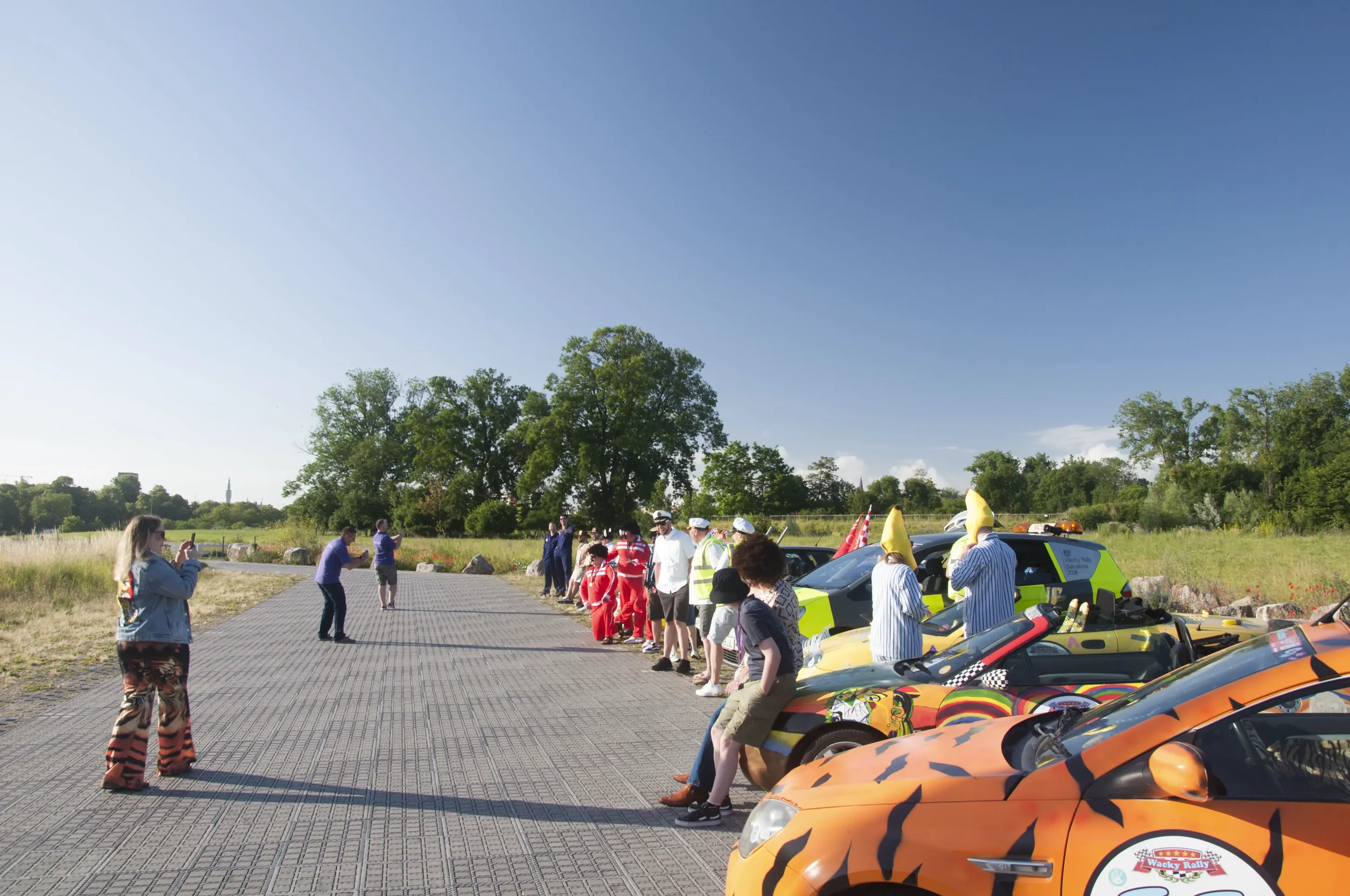 People gathered outdoors on a paved path, some dressed in costumes with colorful cars lined up, including a tiger-striped and a vintage-style car, on a sunny day with trees and blue sky in the background.