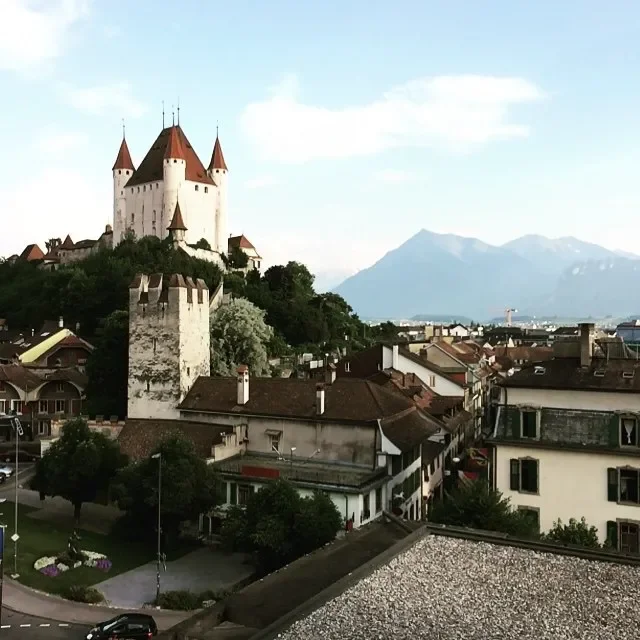 Castle with red roofs on a hill overlooking a small town with mountains in the background.