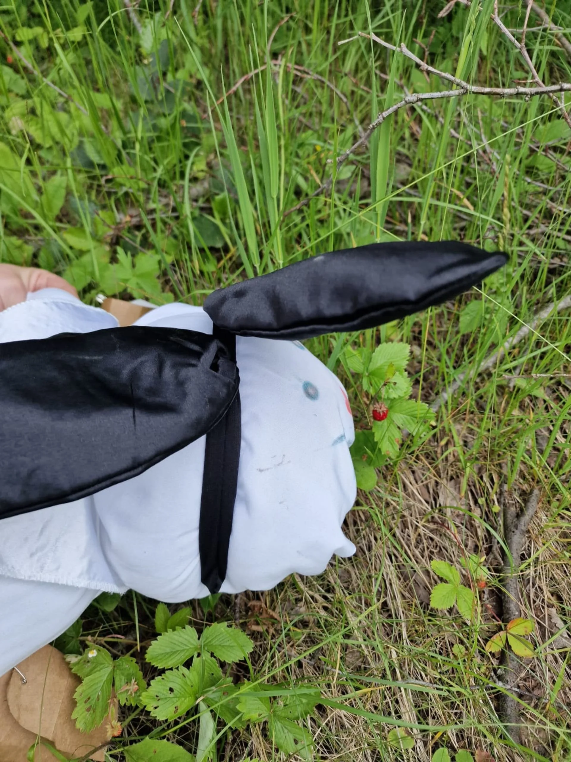 Close-up of a person in white gloves holding a black bat-shaped object over green grass and foliage.