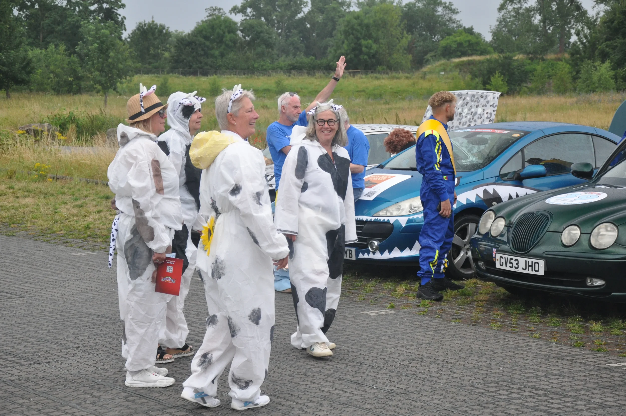 Group of people dressed in cow-themed costumes standing near cars with shark face and animal designs during an outdoor event