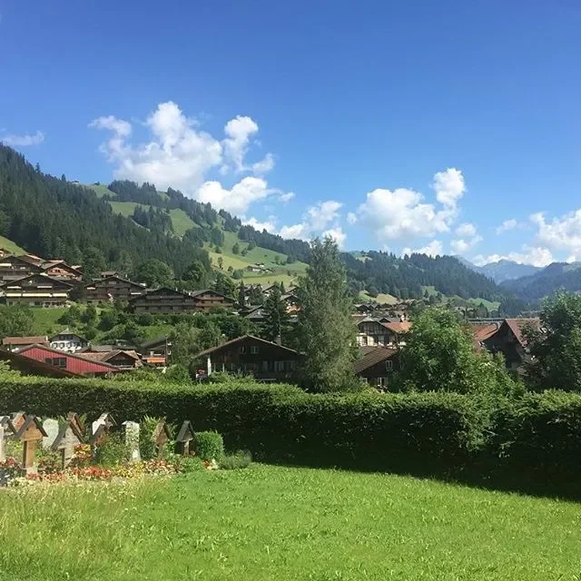 Scenic view of a green valley with hillside houses, trees, and mountains under a partly cloudy sky.