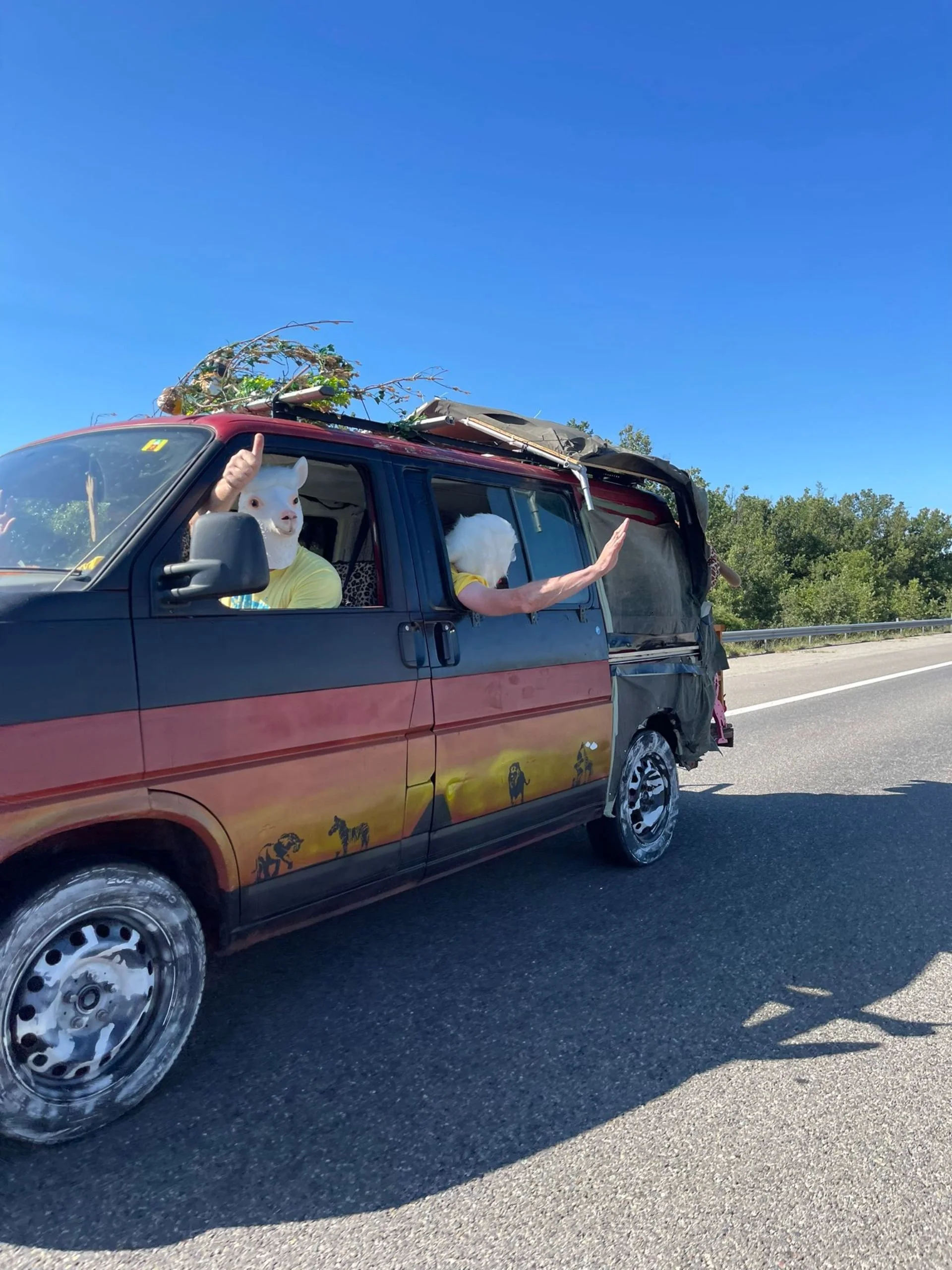 People wearing animal masks and costumes in a decorated van on the side of the road, with a clear blue sky and green trees in the background.