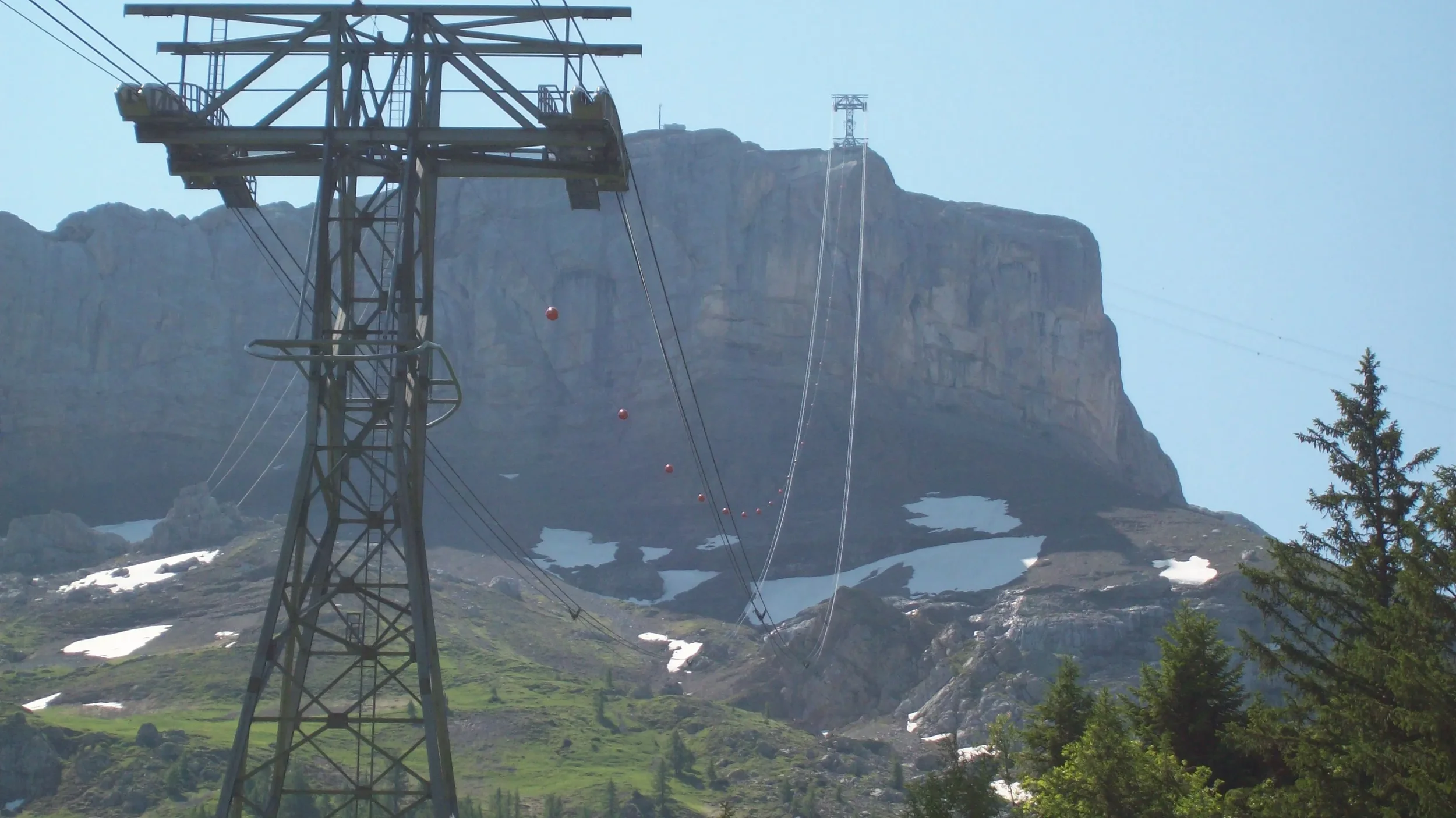 A mountain with patches of snow, a wooden utility pole with power lines, and pine trees in the foreground.