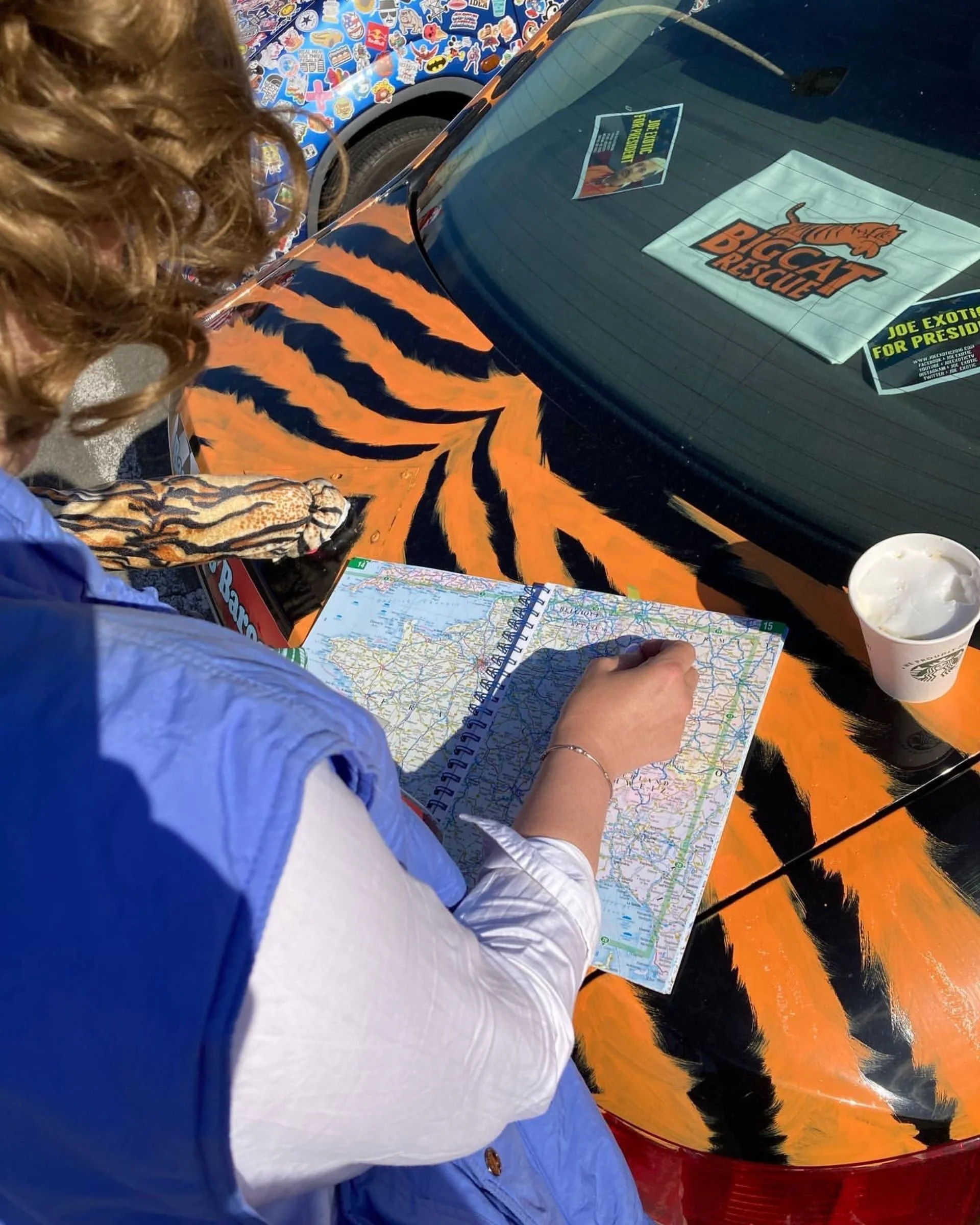 A person is planning a trip using a road map on a table with a tiger stripe design, next to parked cars in a sunny outdoor setting.