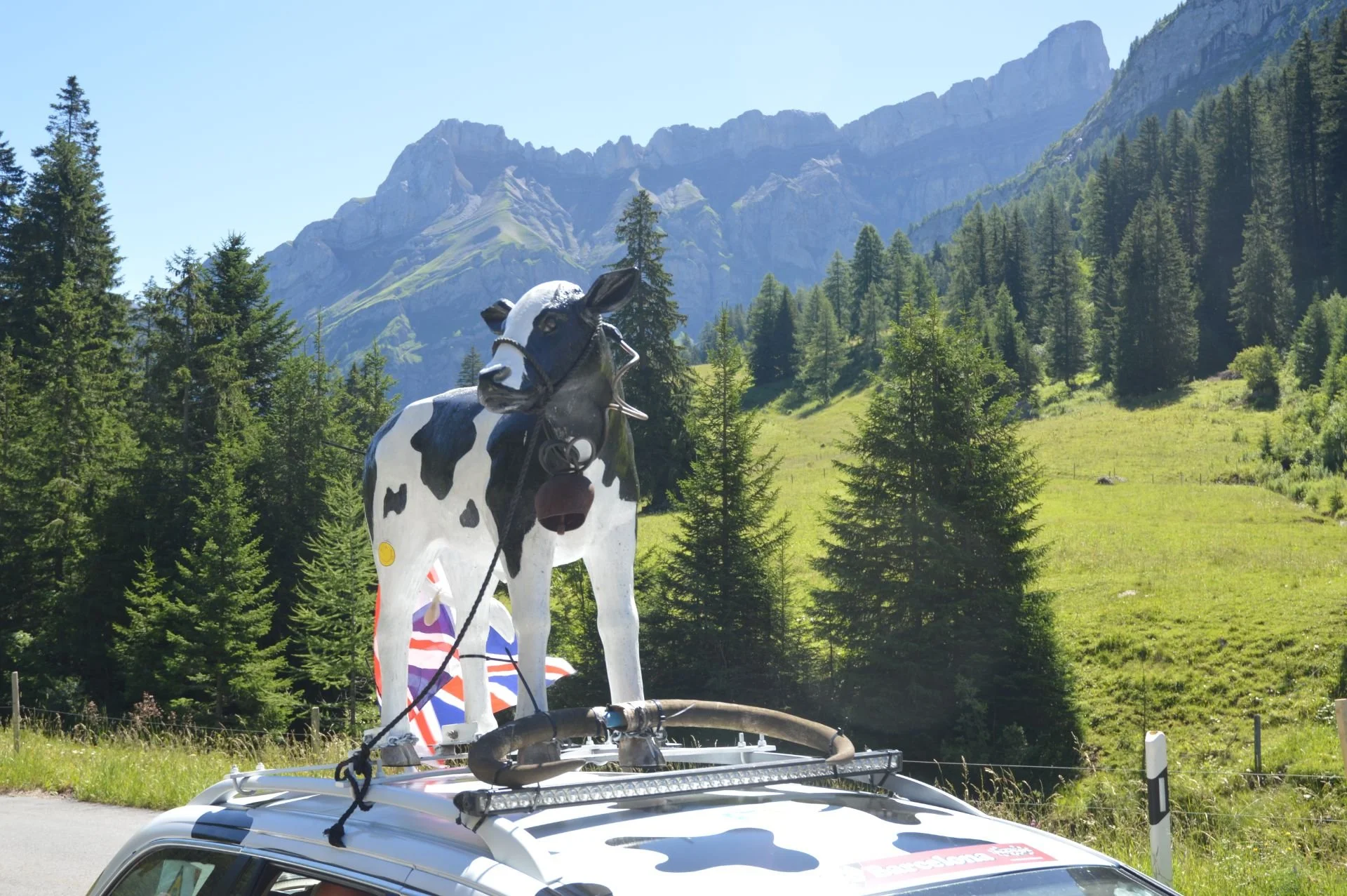 A cow-shaped sculpture with a Union Jack flag behind it, mounted on top of a white vehicle in a mountainous landscape surrounded by trees and green hills.