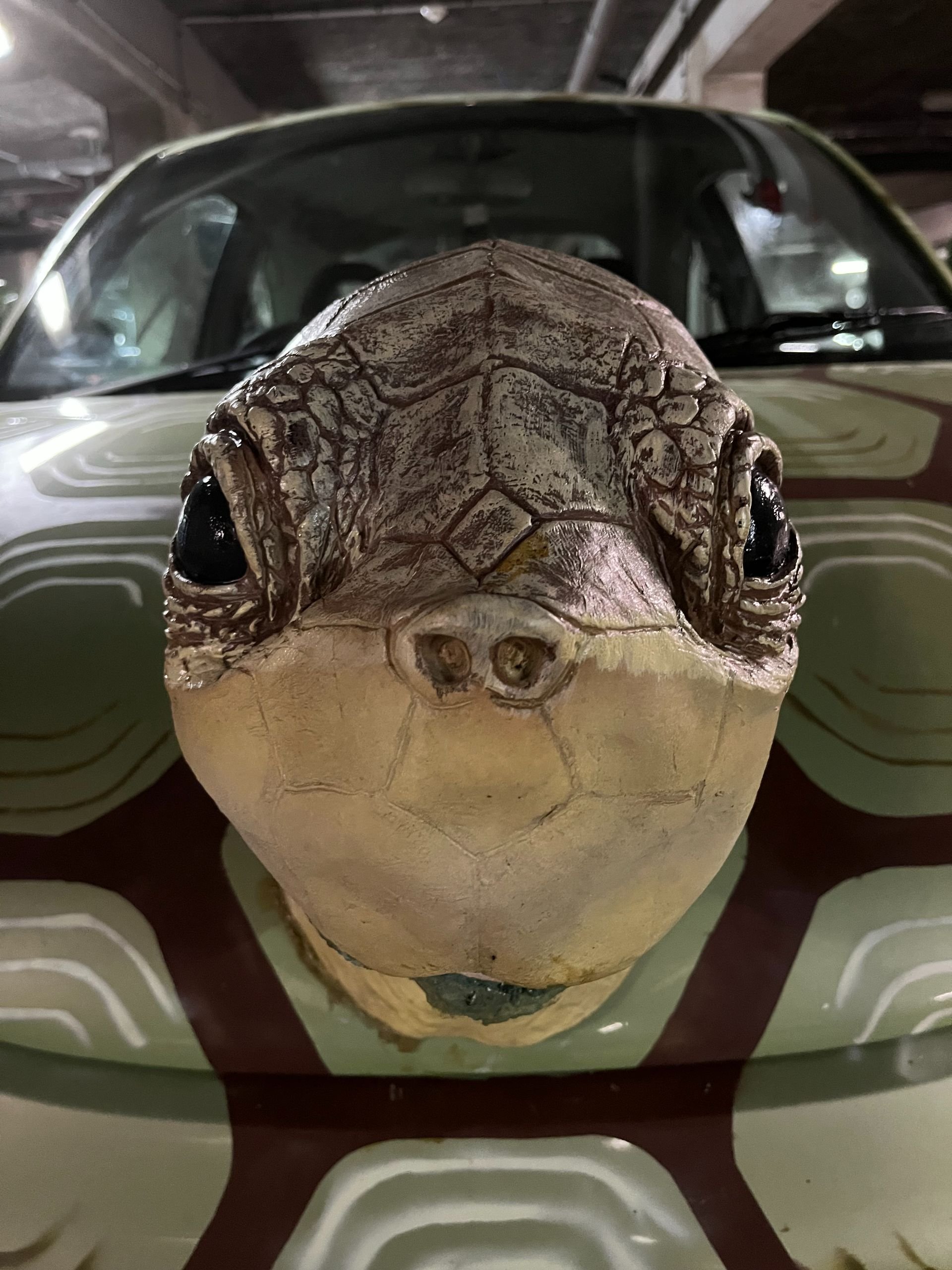 Close-up of a turtle sculpture or mask with a detailed, realistic face, in front of a car in a parking garage.