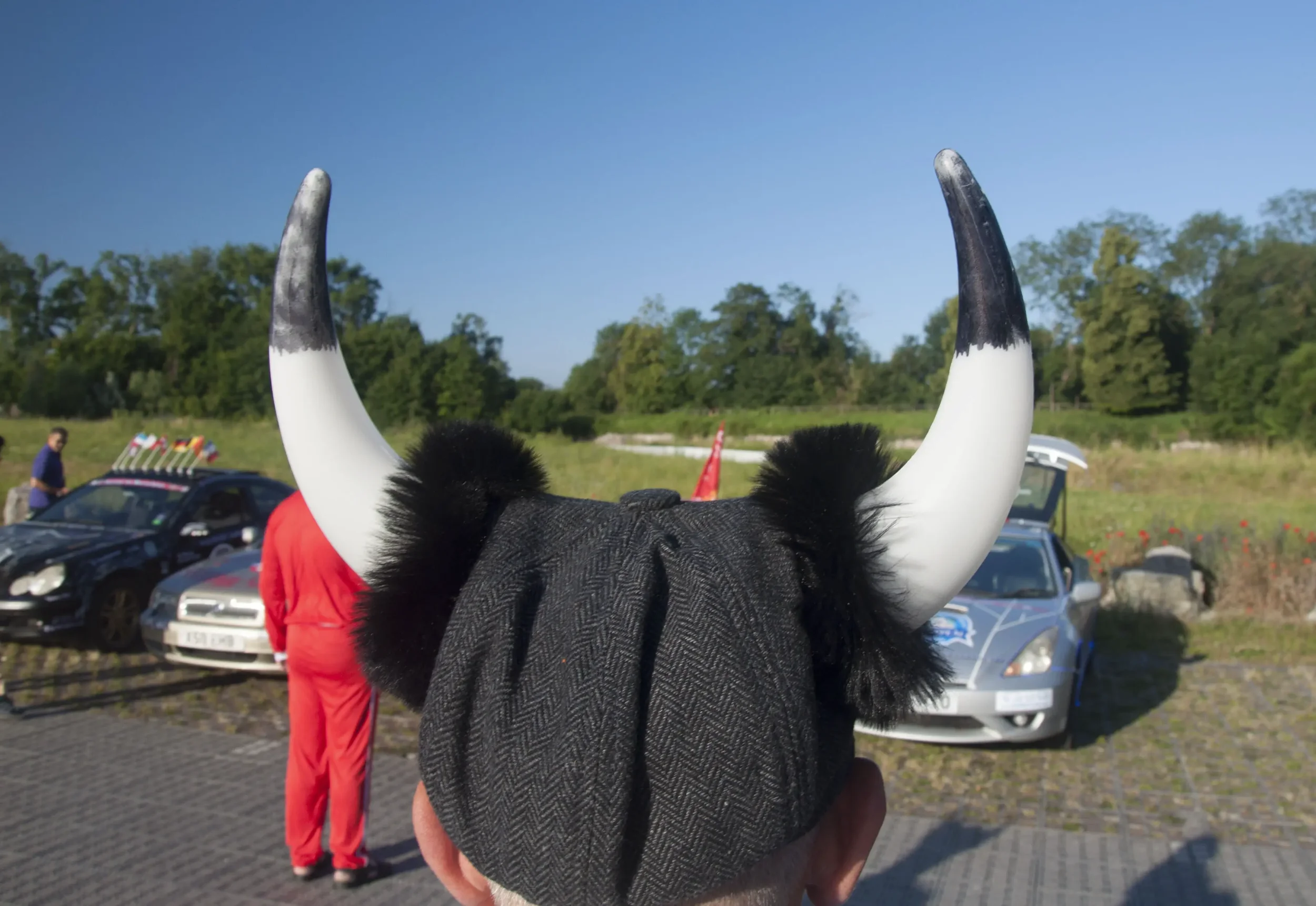 Close-up of a Buffalos head costume with horns, head covering, and black fur, held up in front of parked cars and people outdoors on a sunny day.
