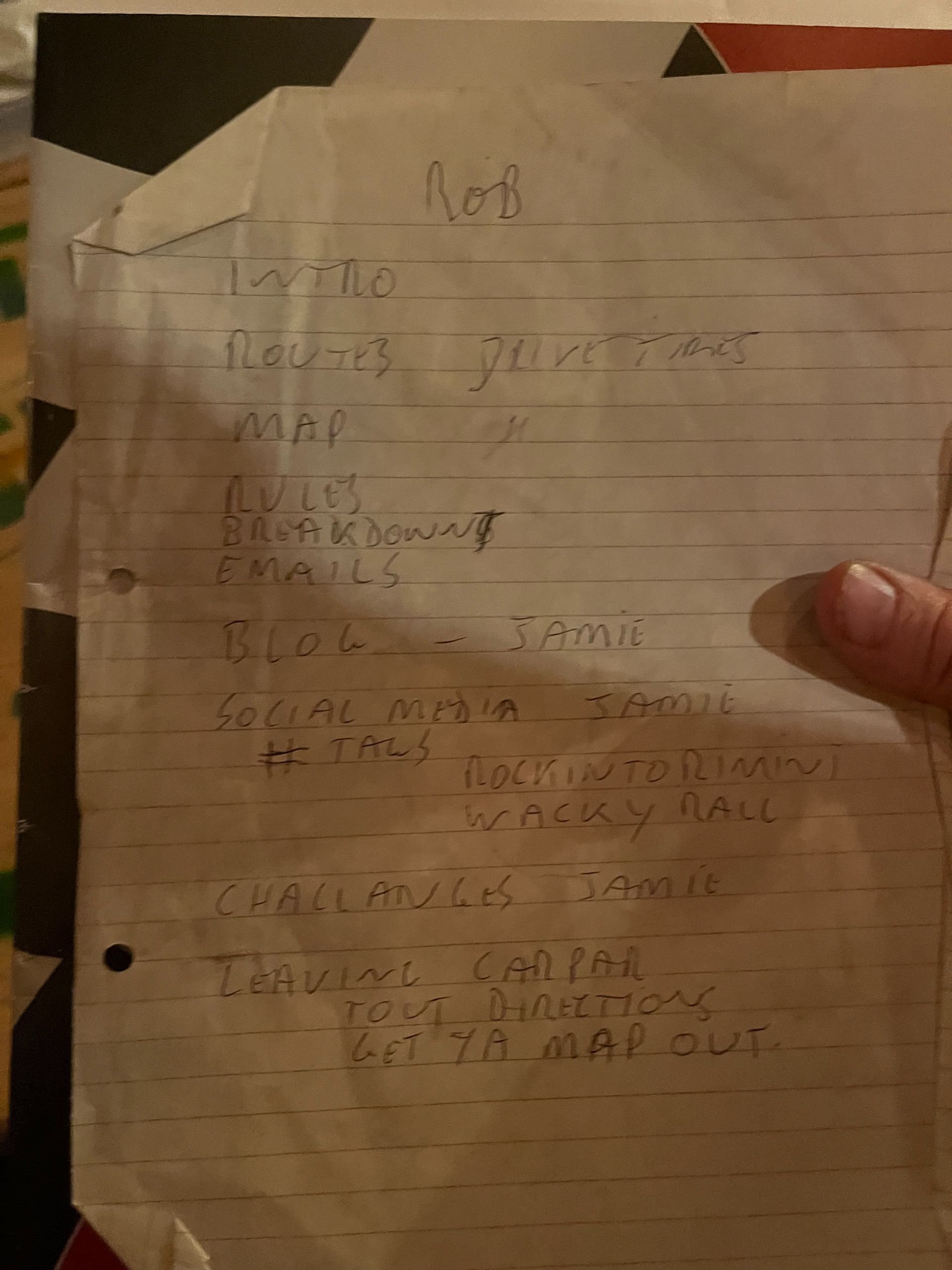 A handwritten list on yellow lined notebook paper with notes about a plan, including topics like rules, map, emails, social media, hashtags, rockin to rimin, wacky nail, challenge, and tequila campaign, with some words crossed out.