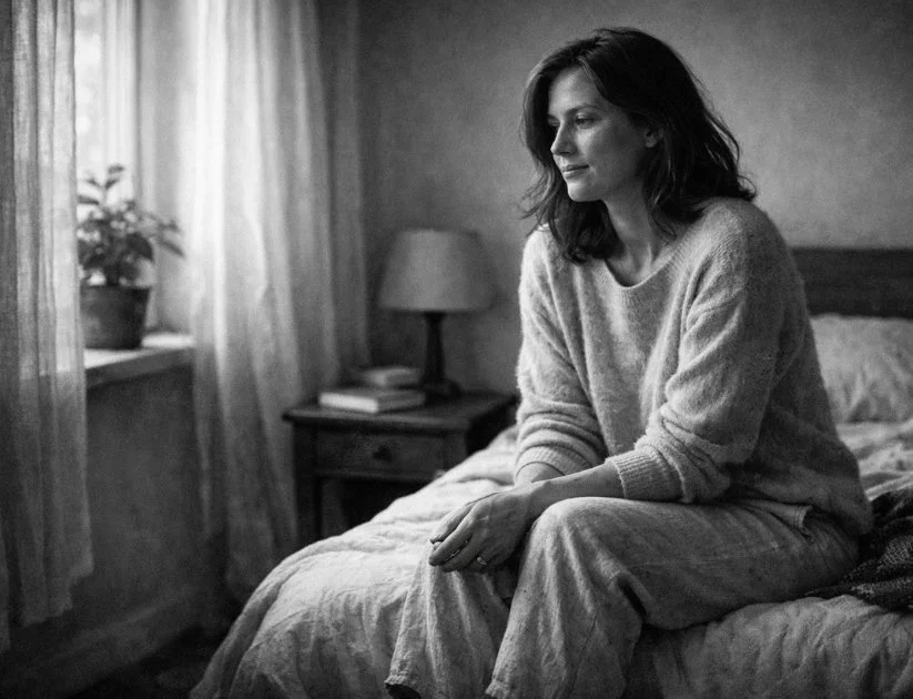 Image of a women with low self confidence sitting on the edge of her bed.