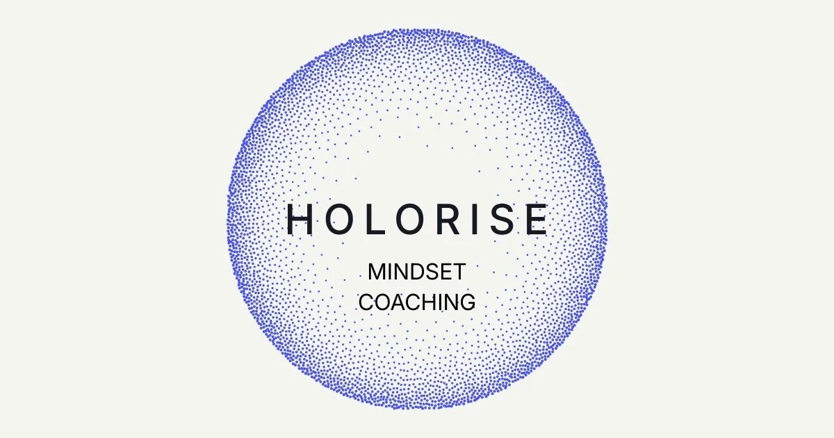 A graphic design with the word 'HOLRISE' inside a dotted blue circle. Below it, the words 'MINDSET COACHING' are written.