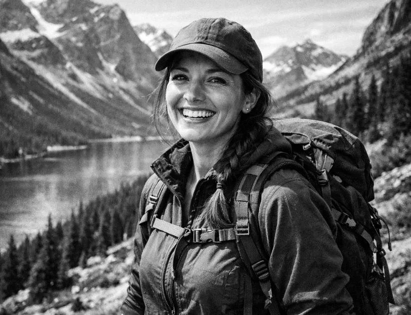 Image of a woman who has successfully prevented burnout, similing in a mountainous environment.