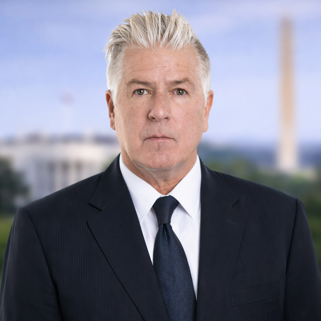 A white man with styled gray hair wearing a dark suit, white shirt, and dark tie, standing outdoors with the Washington Monument and the White House blurred in the background.